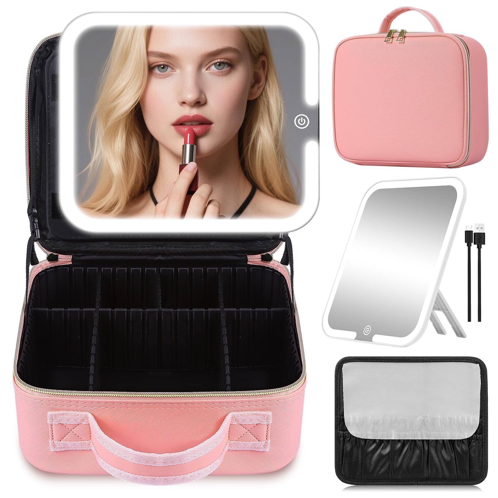 Front. METALTON - Makeup Bag With Mirror And Light Colors Travel Make Up Portable Lighted Case Organizer layers Adjustable Di - Pink-Removable Removable.