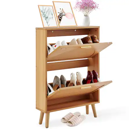 Front. VEVOR - Shoe Cabinet with 2 Flip Drawers, Shoe Storage Cabinet for Entryway, Free Standing Shoe Storage Organizer - Natural wood color.