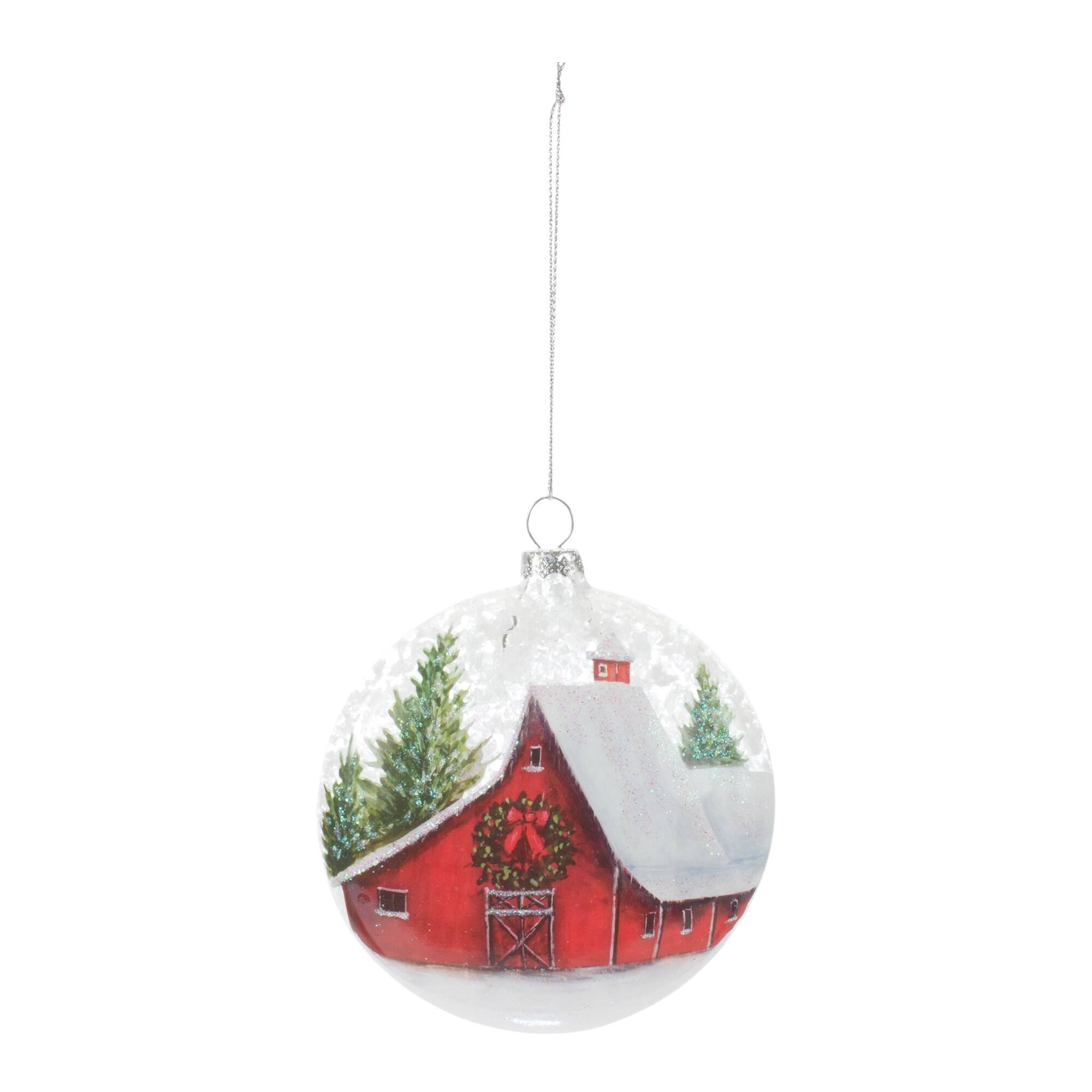 Angle. BreeBe - Frosted Barn Ball Ornament (Set of 12) - Red, White, Green.