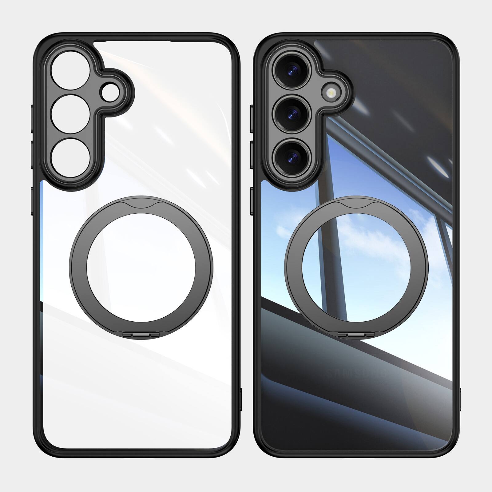 Left. Dteck - Magnetic Clear Case For Samsung Galaxy S26, Shockproof Anti-Scratch 360° Ring Holder Stand PC+TPU Protection Cover - Black.