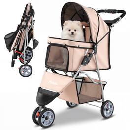 Gymax - 3-Wheel Pet Stroller for Dogs Cats up to 33 LBS Foldable w/ Breathable Mesh Beige