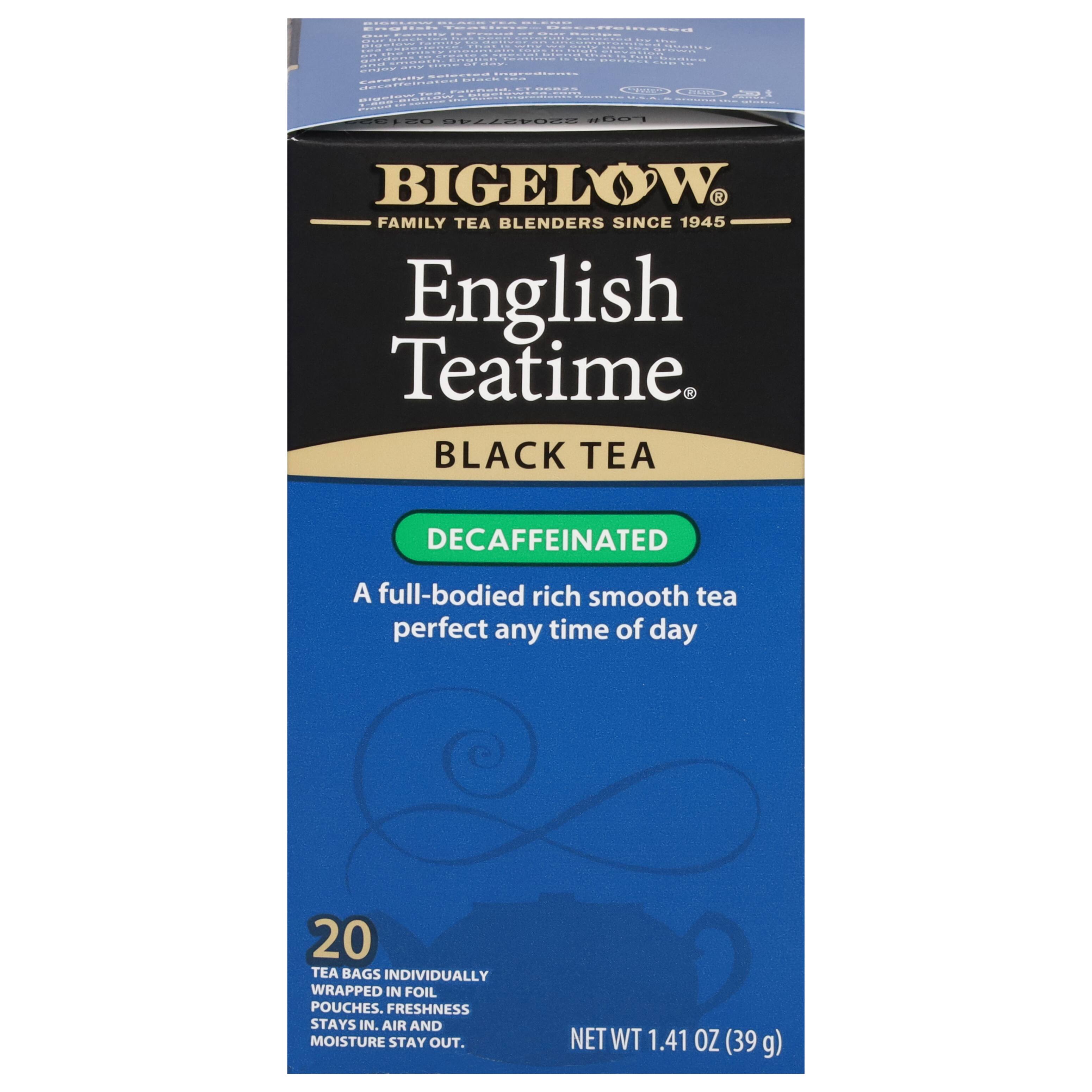 BIGELOW
FAMILY TEA BLENDERS SINCE 1945
English Teatime
BLACK TEA
DECAFFEINATED
A full-bodied rich smooth tea perfect any time of day
20 TEA BAGS INDIVIDUALLY WRAPPED IN FOIL POUCHES. FRESHNESS STAYS IN. AIR AND MOISTURE STAY OUT.
NET WT 1.41 OZ (39 g)
