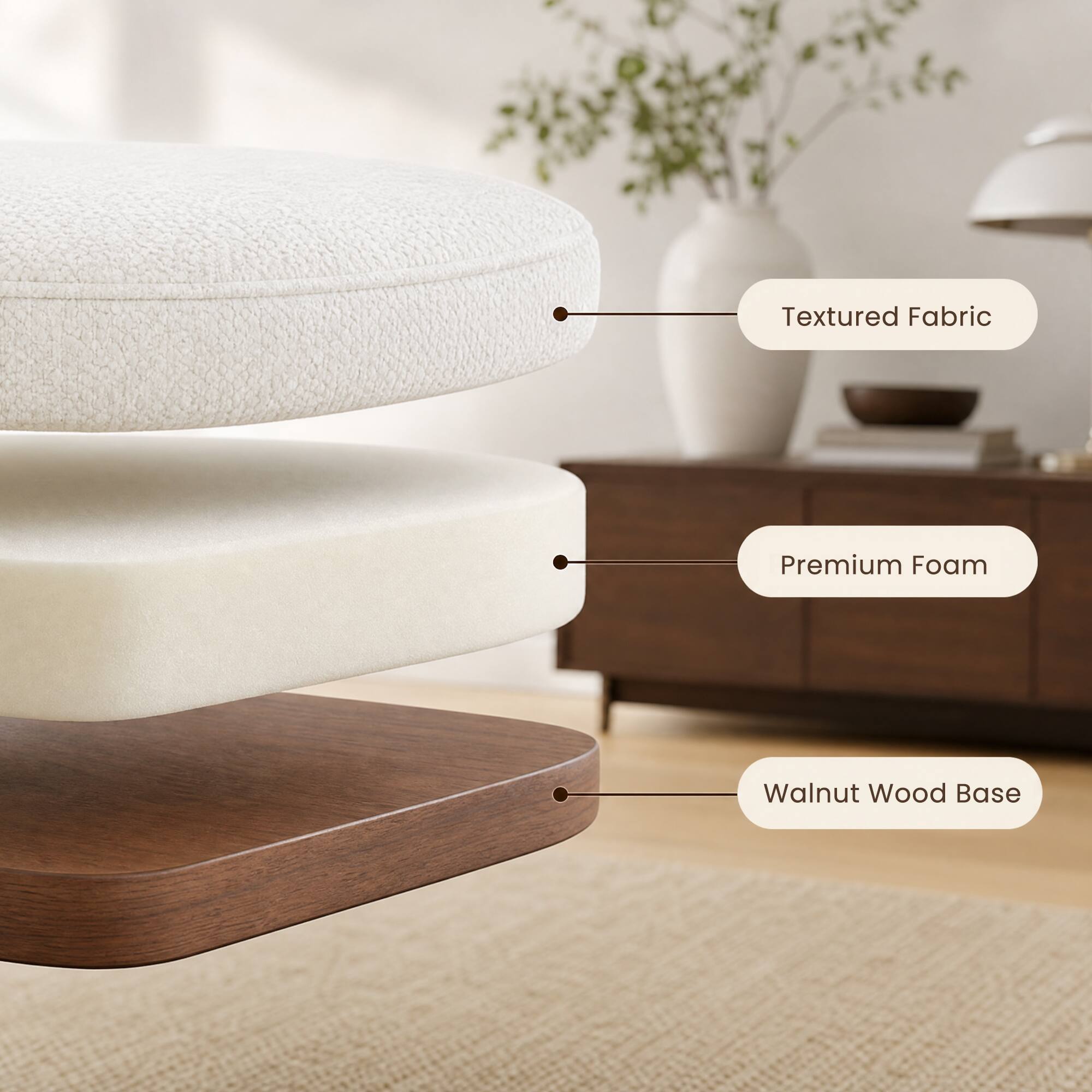 Textured Fabric  
Premium Foam  
Walnut Wood Base