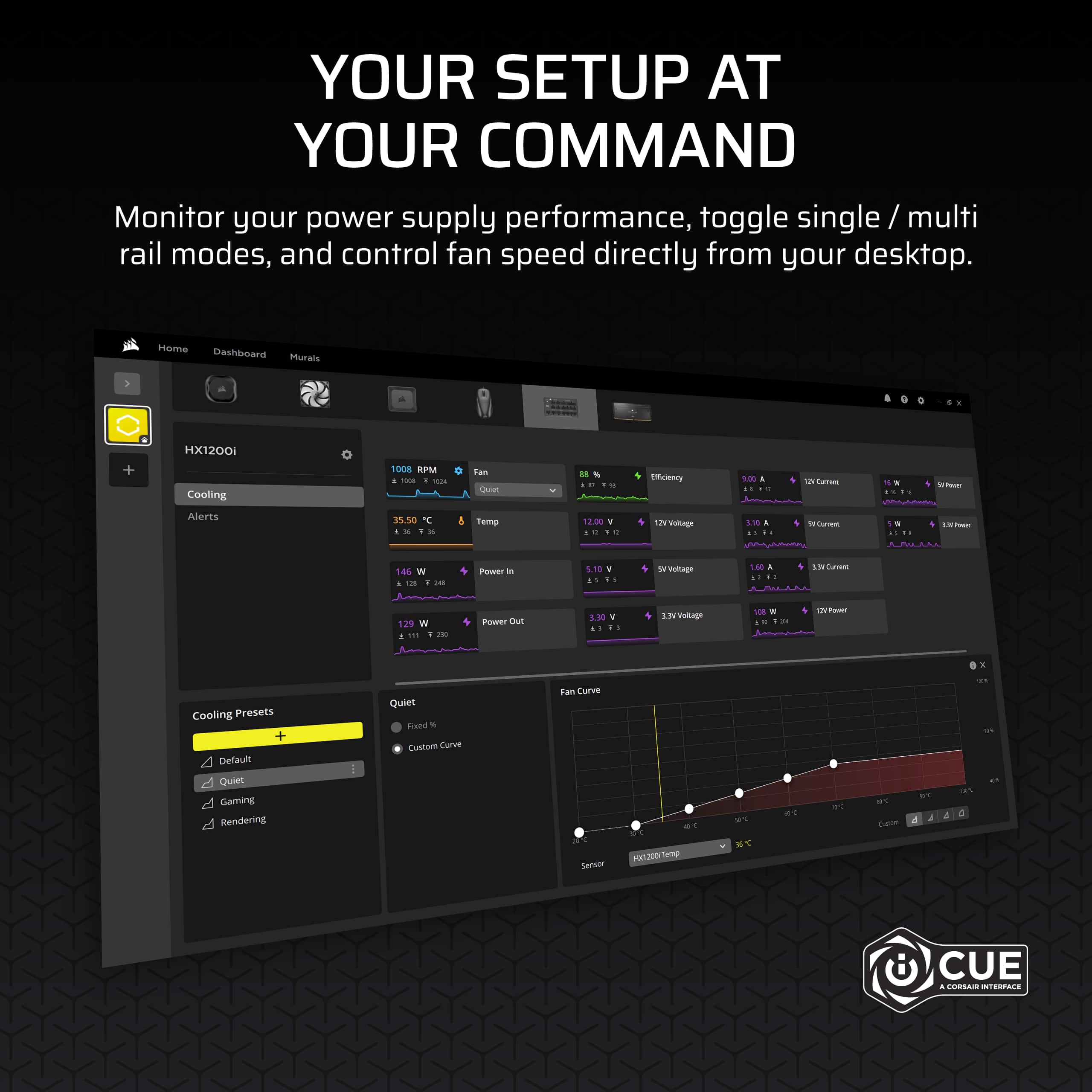 YOUR SETUP AT YOUR COMMAND Monitor your power supply performance, toggle single/multi rail modes, and control fan speed directly from your desktop. Home Dashboard Murais + HX1200 Cooling inxa RPM - - 104 fan Quier .. - Emcience 100 A 1 Satan a . . I Alerts 35.50 Y - - A Temp 1200 & . .. - 12 Votaps 110 & A T - . . N 146 W . 1.08 - Power in 1 - . - oltage 80 a SN T 12% W a ... . - nrower Out 3.30 IN Yglnge 1M - i Tou Cooling Presets + Default Quiet Fixed - Custom Curve Fan curve Quiet Gaming Rendering a . a Seltuoe H91300 Sump CUE COMMUNICATION