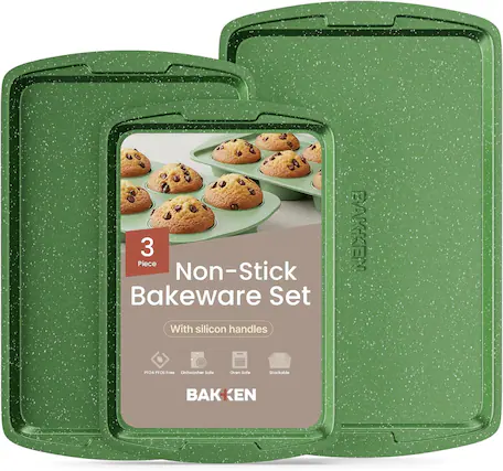 3 Piece Non-Stick Bakeware Set BAKKEN With silicon handles PFOA PFOS Free Dishwasher Safe Oven Safe Stackable BAKKEN