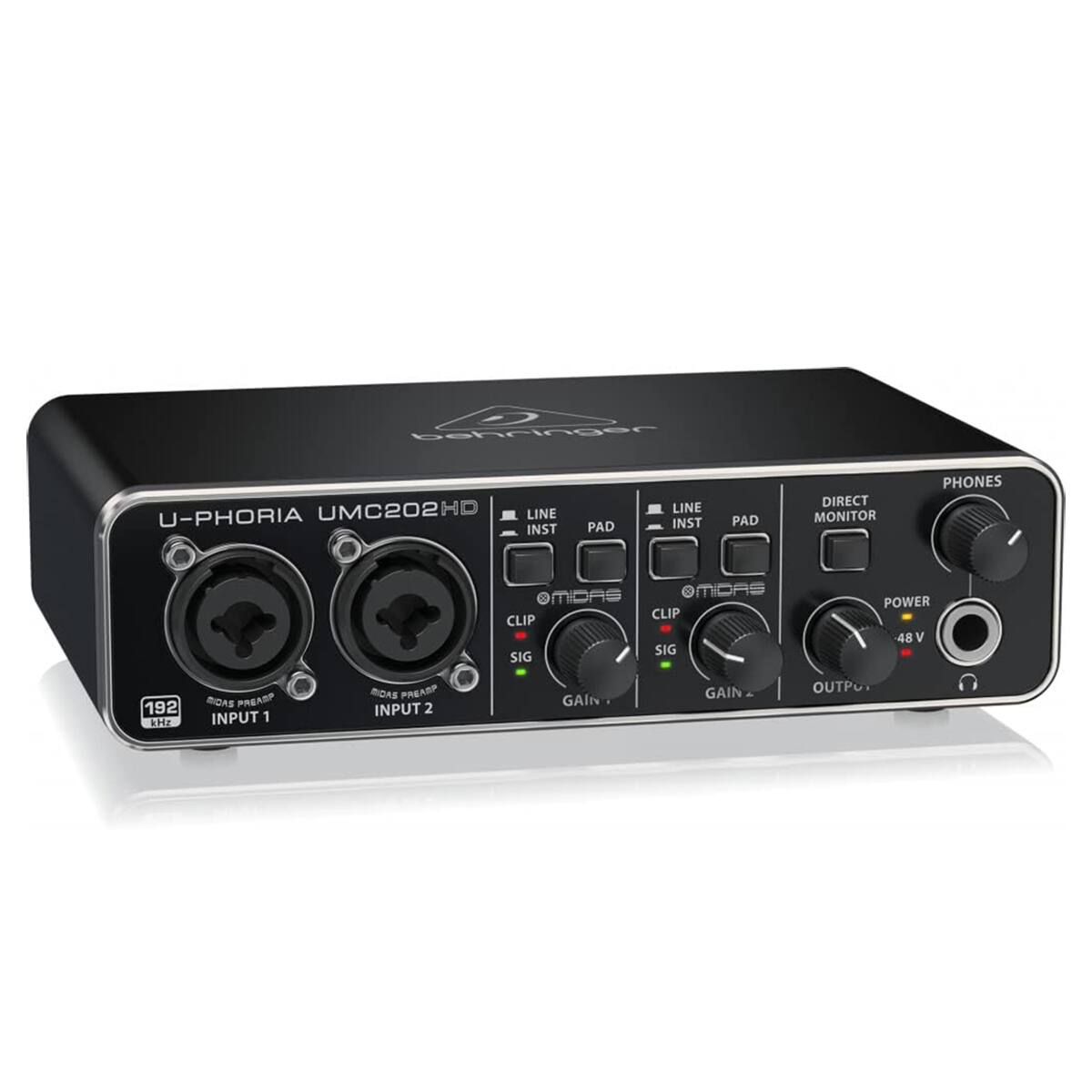 U-PHORIA UMC202HD

LINE INST PAD LINE INST PAD DIRECT MONITOR PHONES

OMIDAS CLIP SIG POWER 48V

192 kHz

INPUT 1 RDAS PREASP GAIN

INPUT 2 GAIN

OUTP