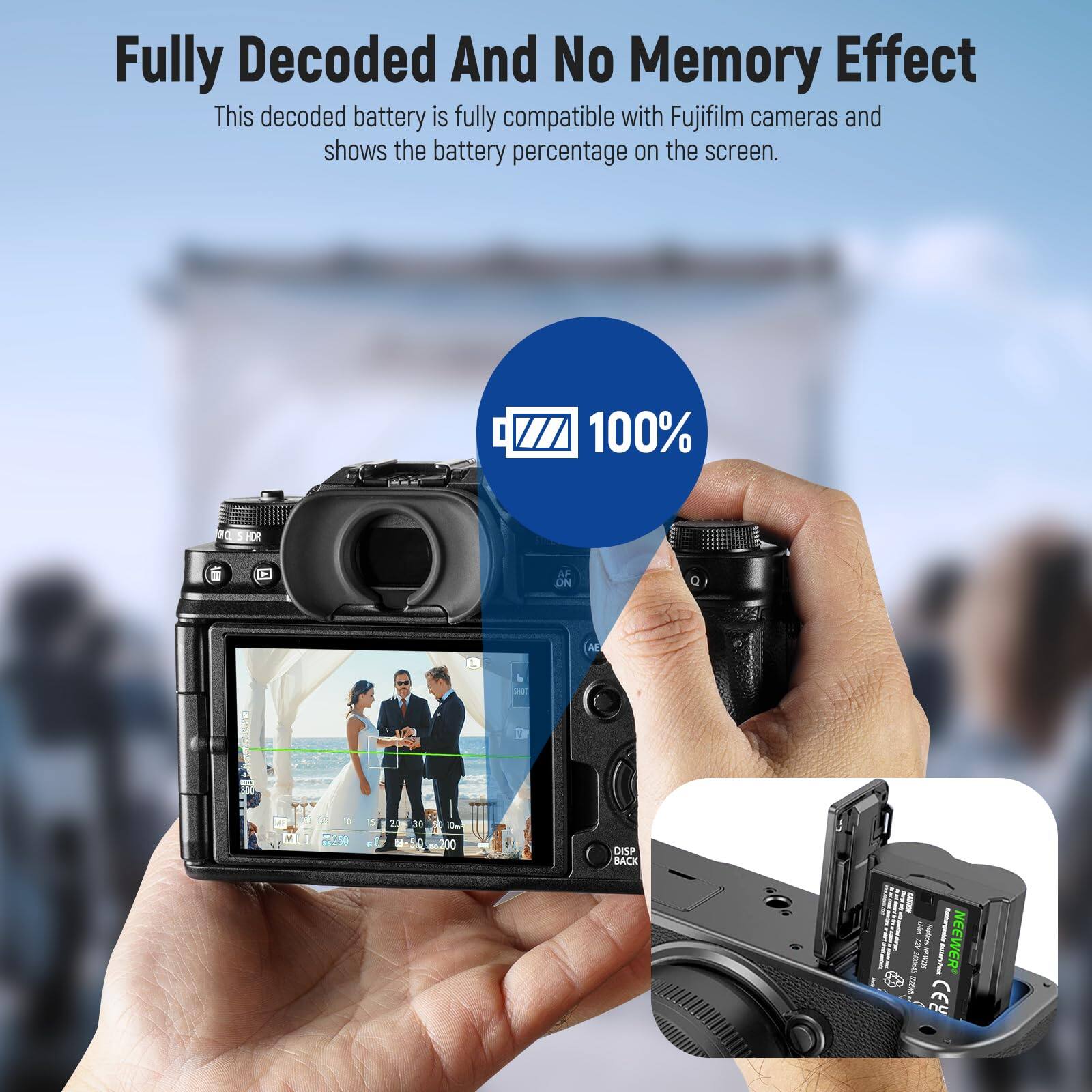 Fully Decoded And No Memory Effect

This decoded battery is fully compatible with Fujifilm cameras and shows the battery percentage on the screen.