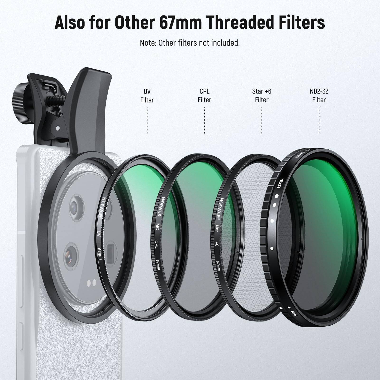 Also for Other 67mm Threaded Filters  
Note: Other filters not included.  
UV Filter  
CPL Filter  
Star +6 Filter  
ND2-32 Filter  
NEEWER UV 67mm  
NEEWER MC CPL 67mm  
NEEWER Star 67mm  
NEEWER ND12
