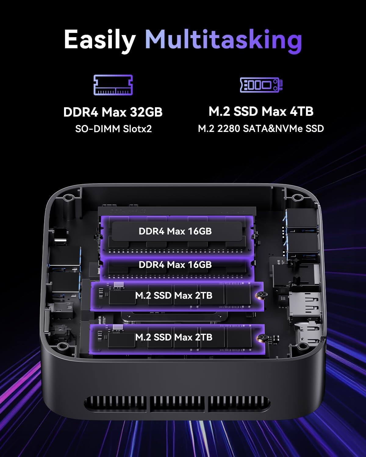 Easily Multitasking

DDR4 Max 32GB  
SO-DIMM Slotx2

M.2 SSD Max 4TB  
M.2 2280 SATA&NVMe SSD

DDR4 Max 16GB  
DDR4 Max 16GB

M.2 SSD Max 2TB  
M.2 SSD Max 2TB