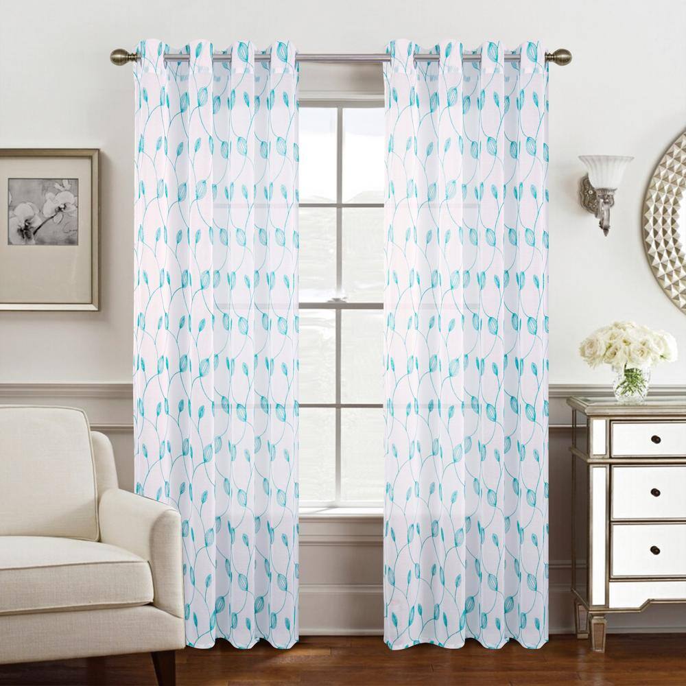 Front. RT Designers Collection - Ramallah Krista Embroidered Grommet Curtain Panel - 54x90" White/Teal - White teal.