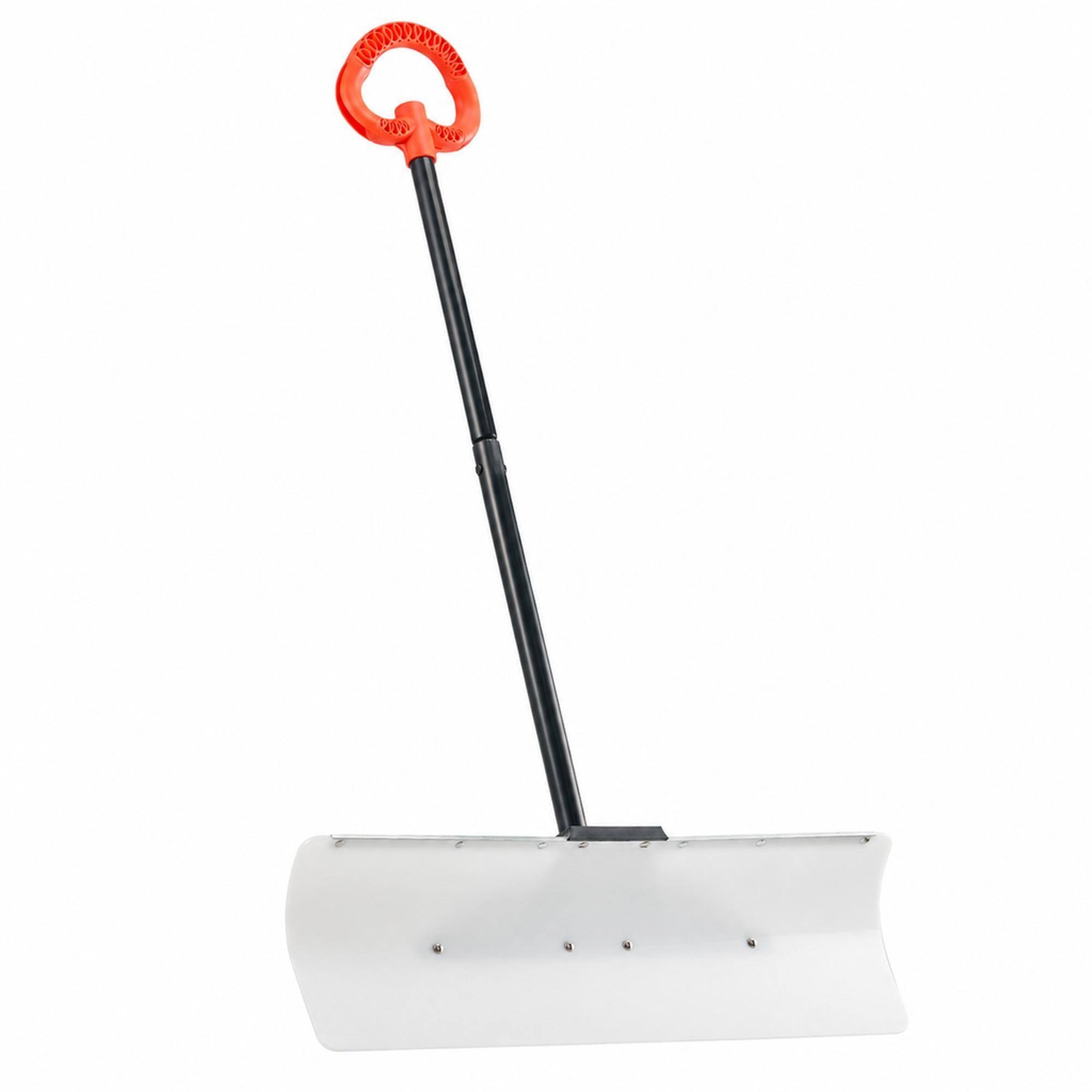 Front. RYHNUYNE - 30 in Plastic Snow Pusher Shovel, HDPE Blade, Ergonomic Anti-Slip Grip, Metal Edge, Segmented Handle for Driveway - White.