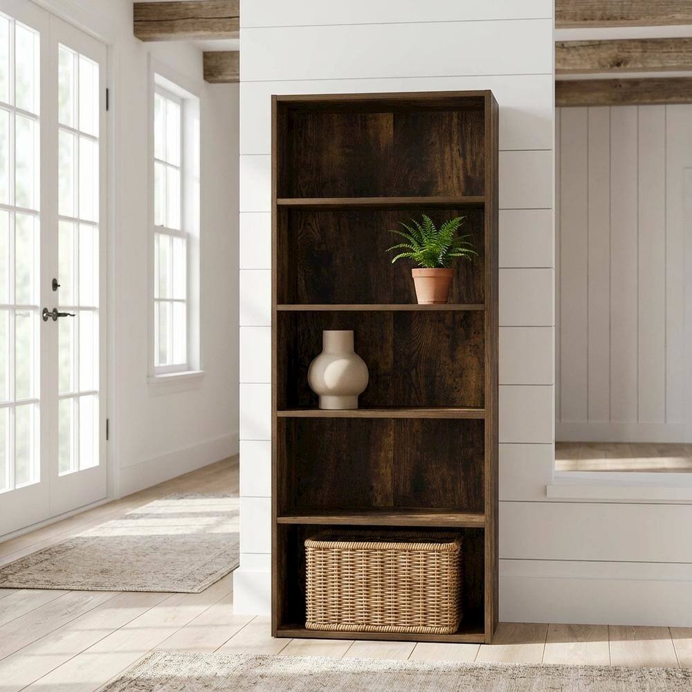 Angle. FurniFact - Amber Pine 5-Tier Open Shelf Bookcase with Versatile Storage Solution - Amber Pine.