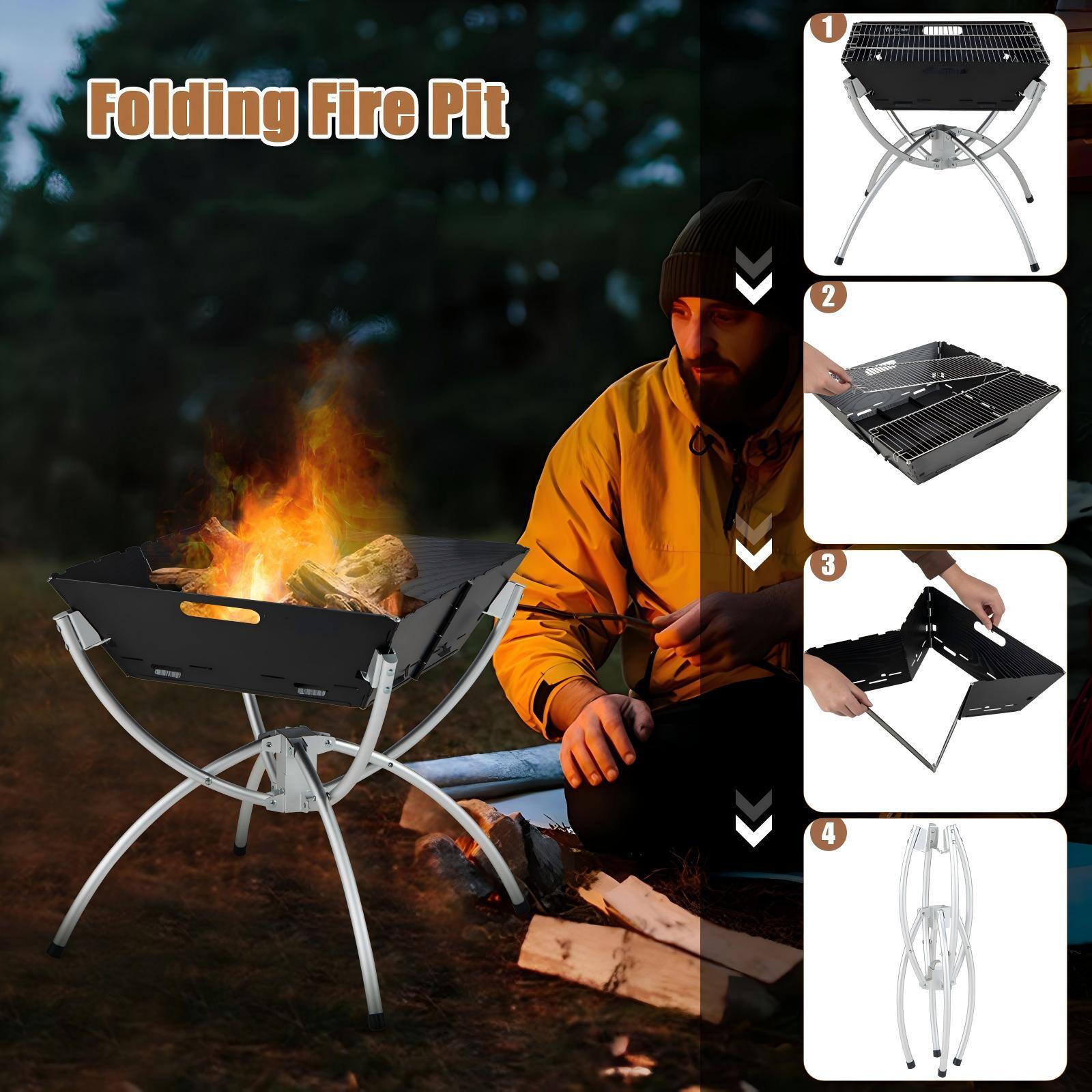 Folding Fire Pit

1. Assembled fire pit
2. Removing the grill
3. Folding the fire pit
4. Folded fire pit