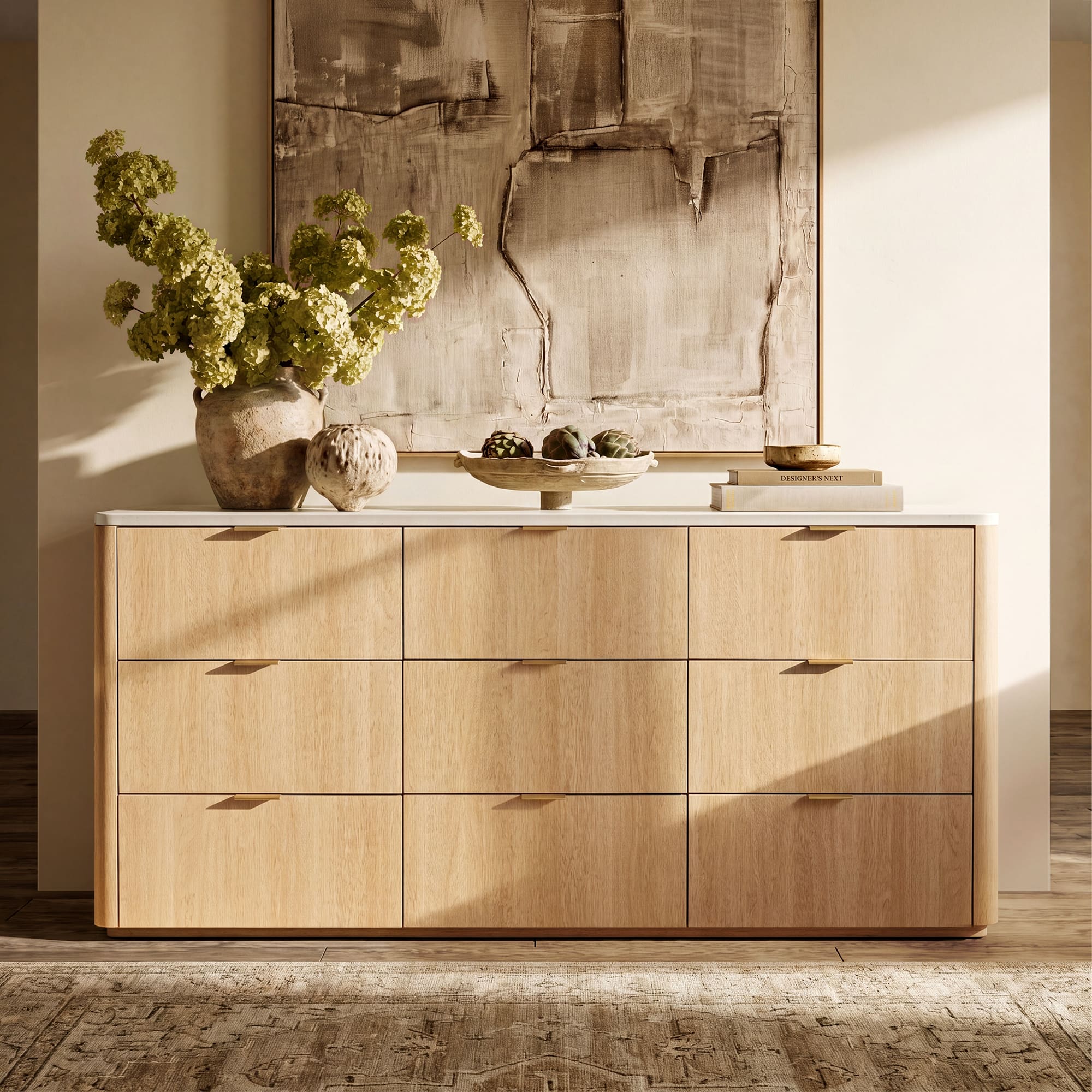 ModernMate - 63" Modern 9 Drawers Dresser Faux Travertine Dresser Chest for Bedroom Living Room - Natural Oak