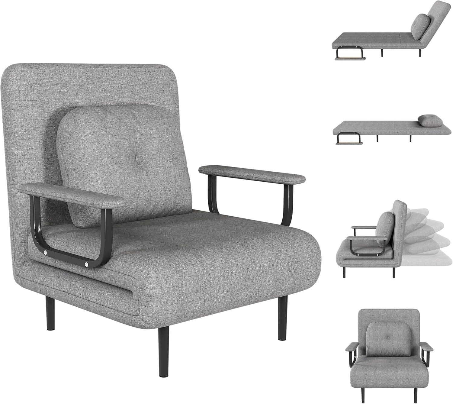 Alt View 7. Trinkets Crazed - Folding Sofa Bed, Convertible Chair with 5-Position Adjustable Backrest & Pillow, 3 in 1 Sleeper Chair Bed - gray.