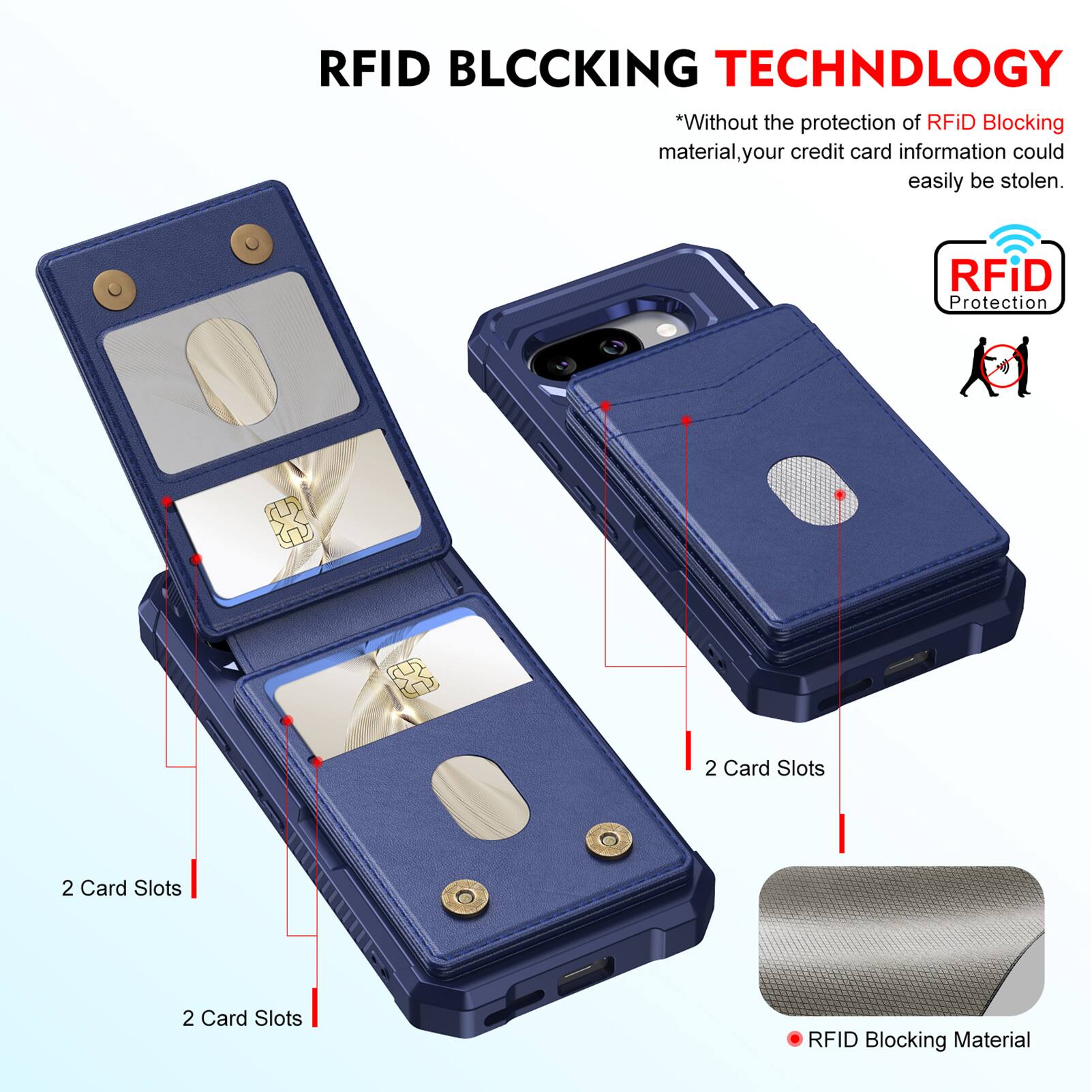 RFID BLOCKING TECHNOLOGY

*Without the protection of RFID Blocking material, your credit card information could easily be stolen.

RFID Protection

2 Card Slots

2 Card Slots

2 Card Slots

RFID Blocking Material