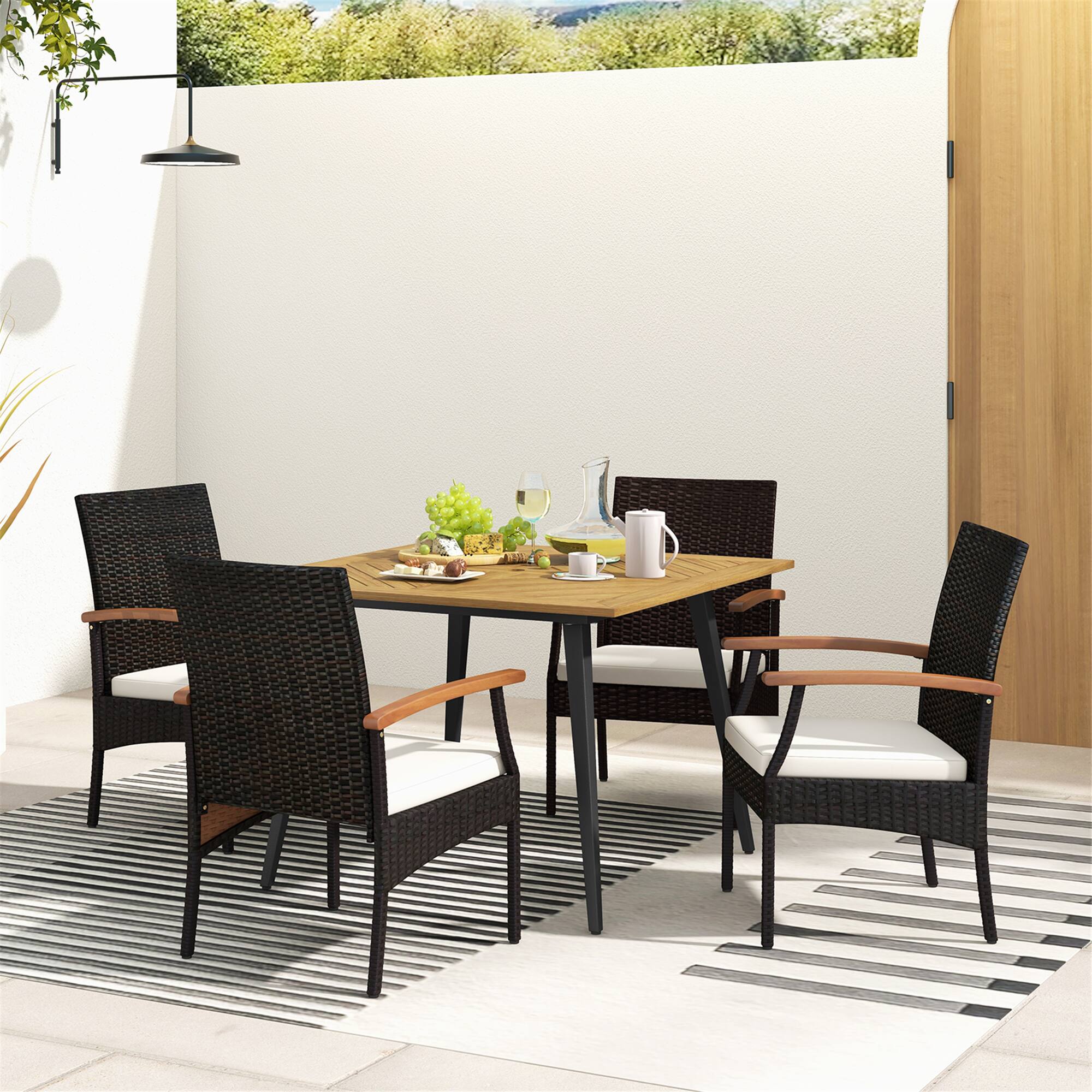 Alt View 1. Gymax - Gymax 5PCS Patio PE Wicker Dining Set Table and Chairs w/ Cushions 1.9'' Umbrella Hole - Brown, White.