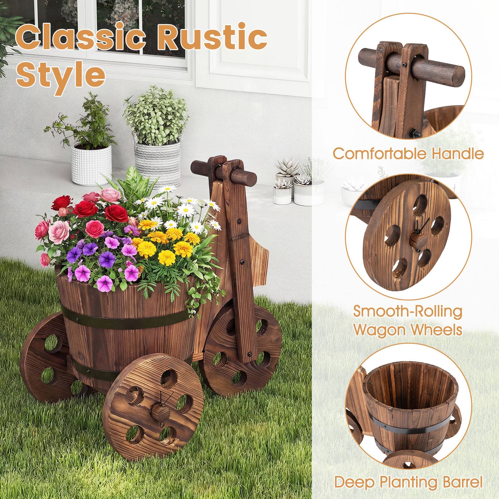 Classic Rustic Style  
Comfortable Handle  
Smooth-Rolling Wagon Wheels  
Deep Planting Barrel