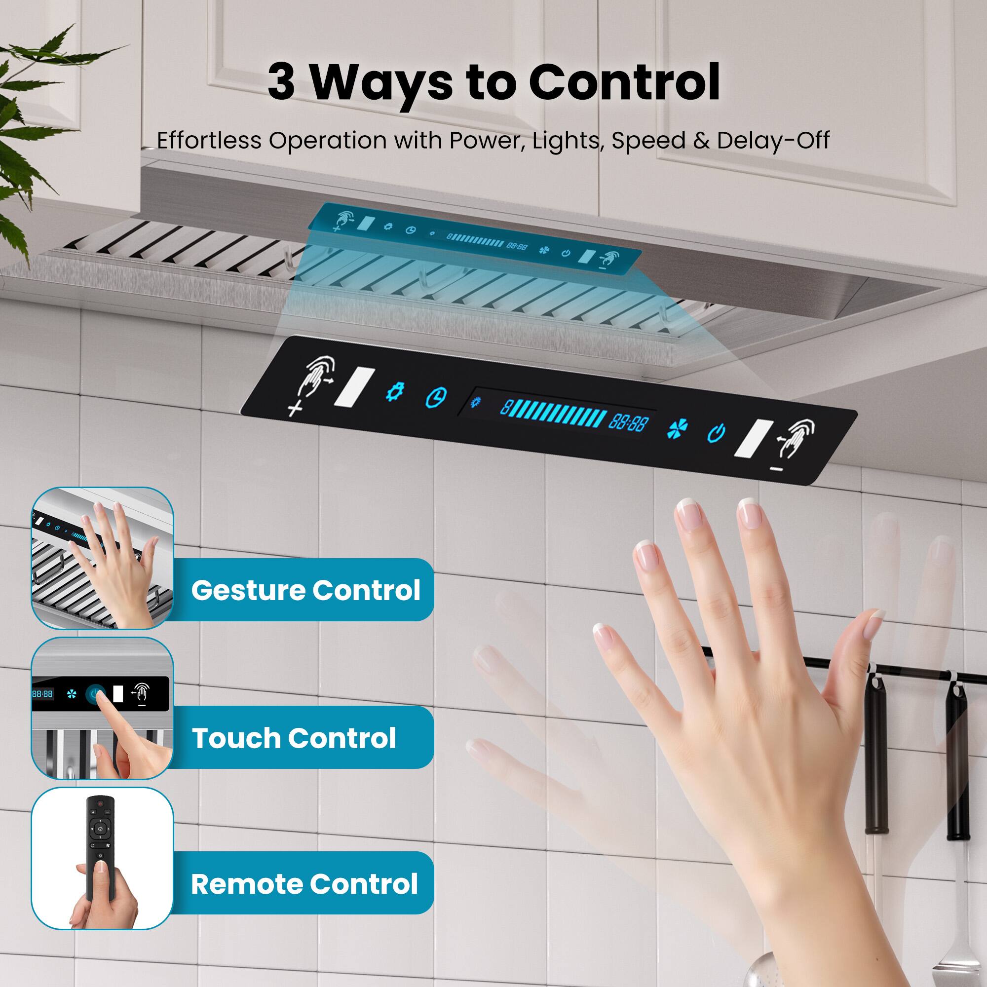 3 Ways to Control  
Effortless Operation with Power, Lights, Speed & Delay-Off  

Gesture Control  
Touch Control  
Remote Control