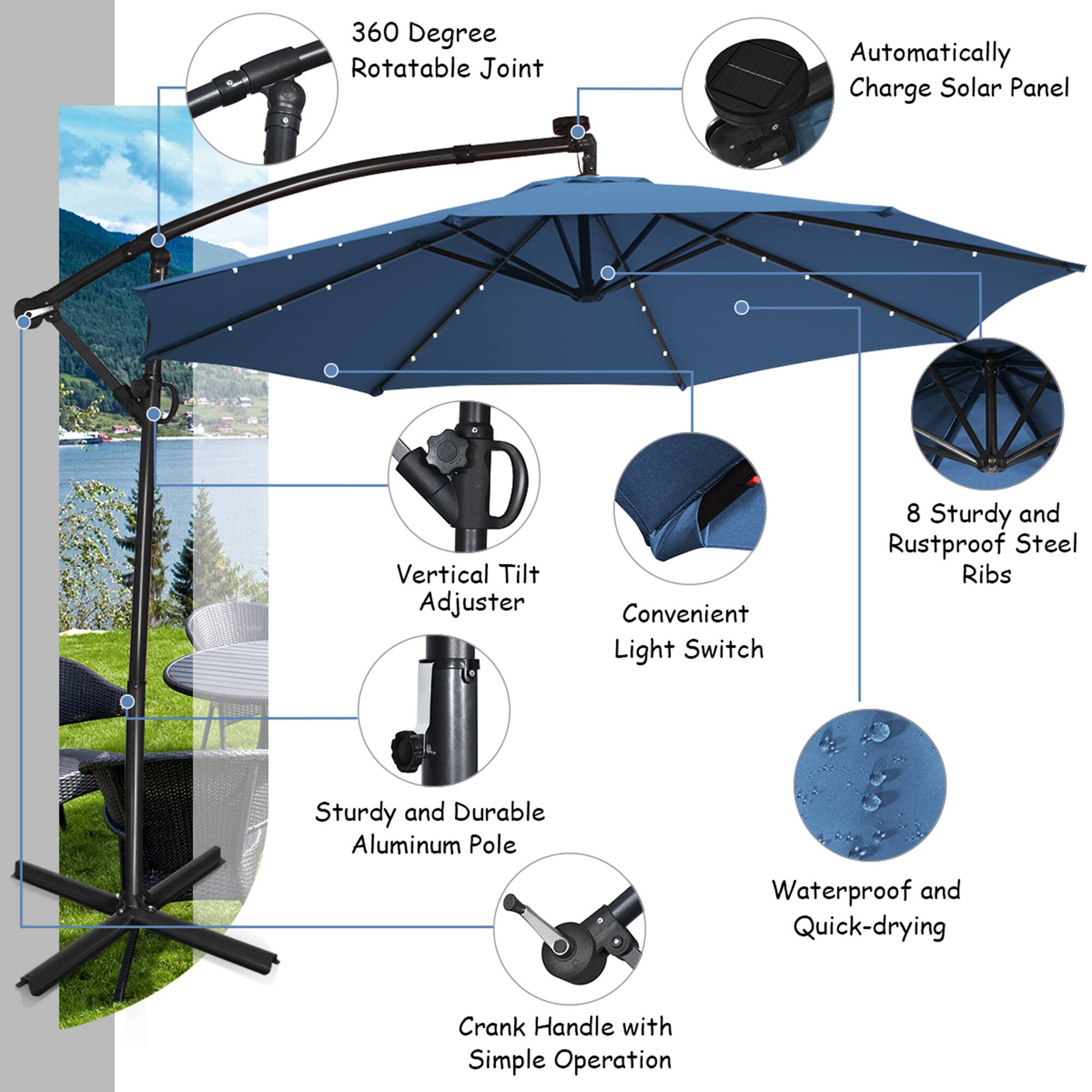 360 Degree Rotatable Joint, Automatically Charge Solar Panel, Vertical Tilt Adjuster, Convenient Light Switch, 8 Sturdy and Rustproof Steel Ribs, Sturdy and Durable Aluminum Pole, Waterproof and Quick-drying, Crank Handle with Simple Operation