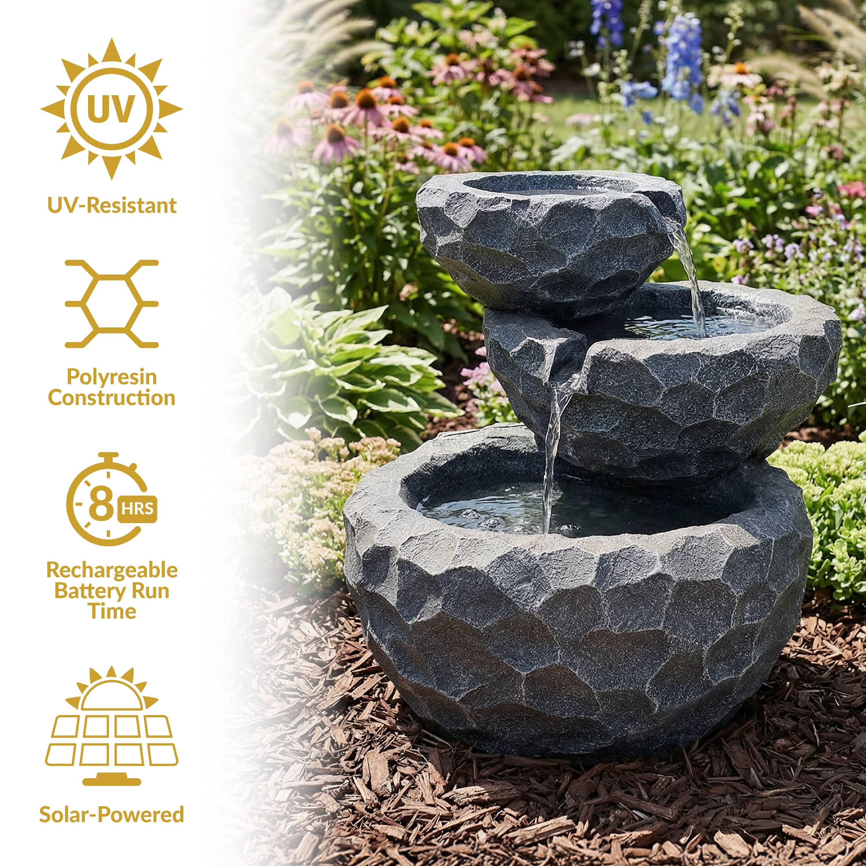 UV-Resistant Polyresin Construction  
8 HRS Rechargeable Battery Run Time  
Solar-Powered