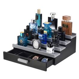 Unique Bargains - 4 Tier Wood Perfume Organizer for Men, Display Stand with Velvet Lining Drawer and Hidden Compartment for Watch, Jewelry - Black Gray