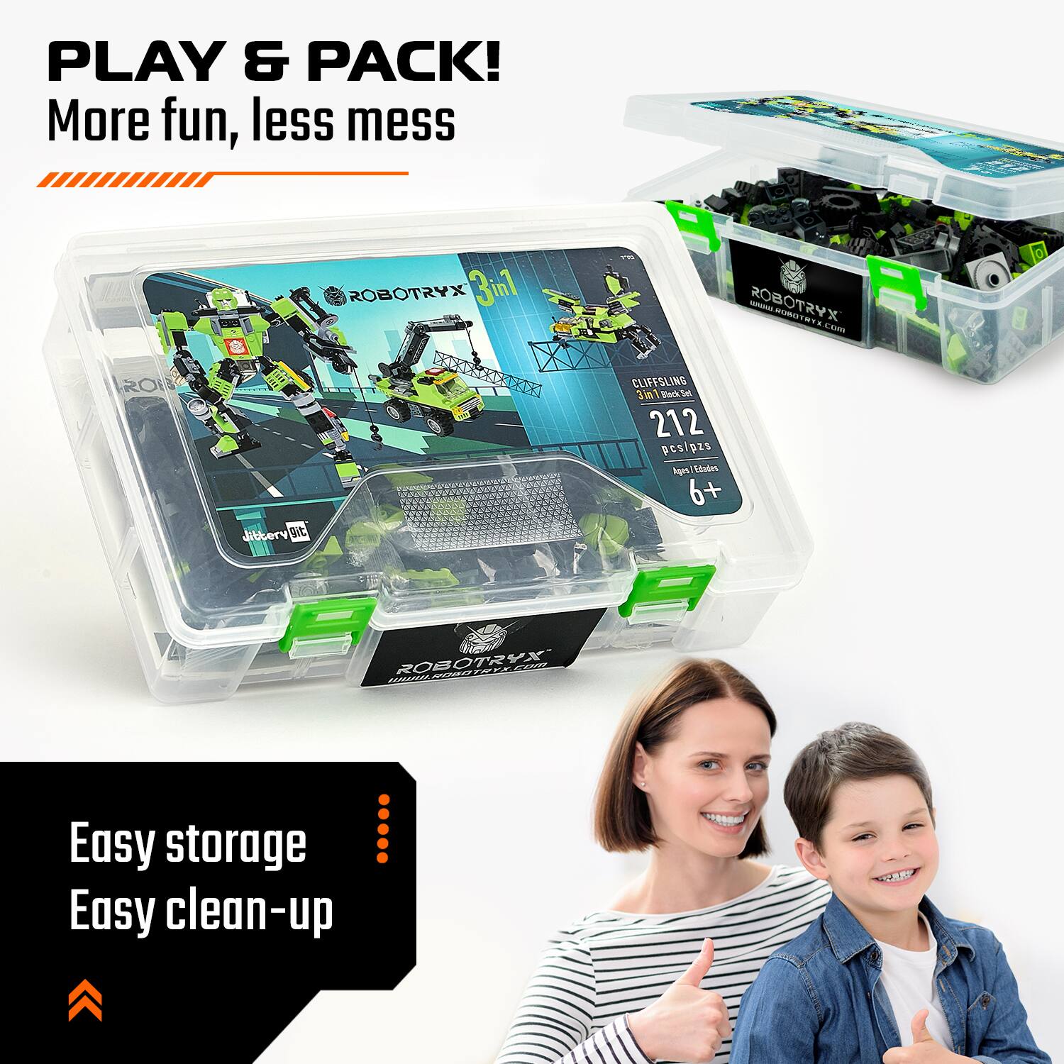 PLAY & PACK!  
More fun, less mess  

ROBOTRYX 3in1  

CLIFFSLING 7m1 Black S  
212 pcs/pzs  
Ages 6+  

Easy storage  
Easy clean-up