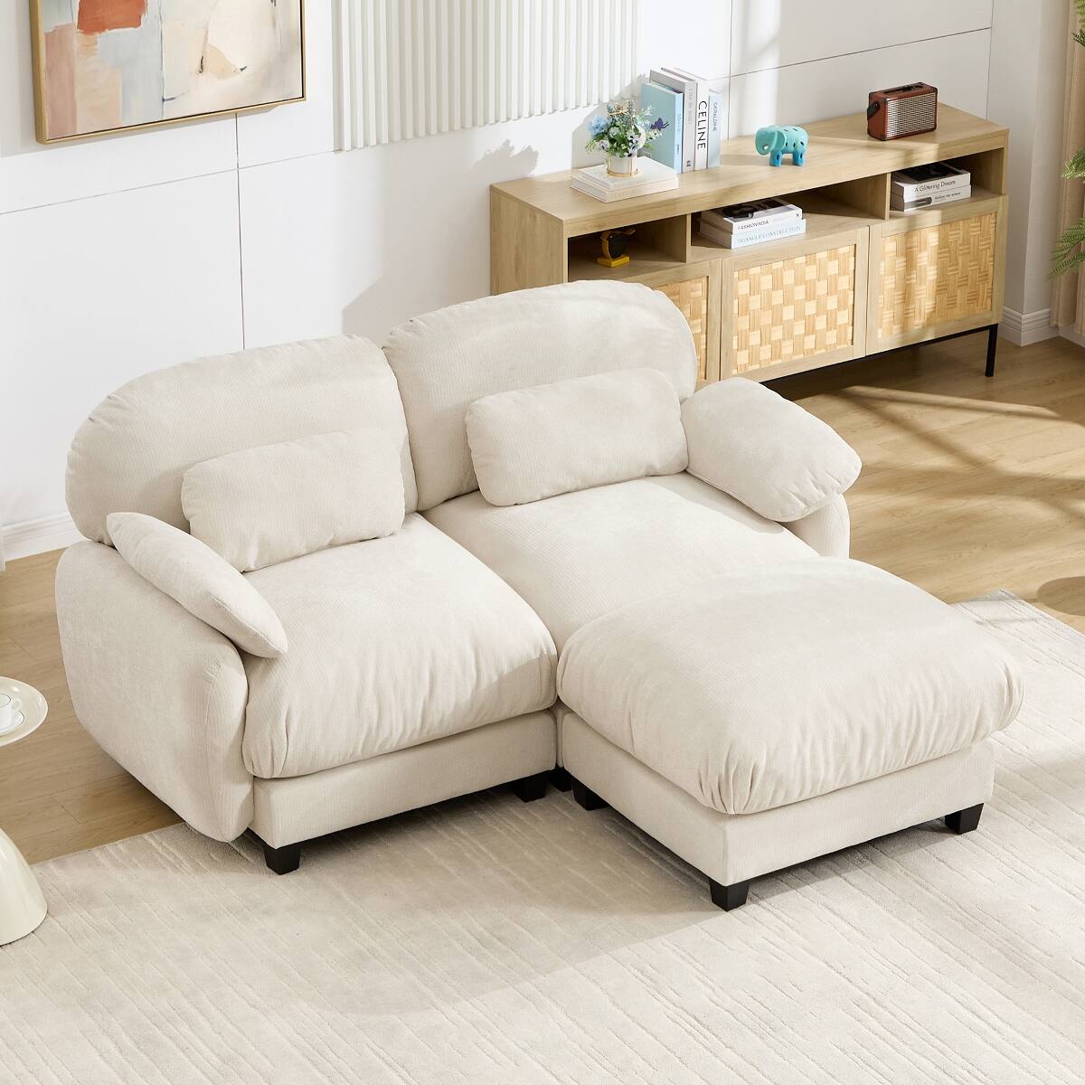 Back. Ropilly - Ropilly 2 Seater L Shaped Sofa with Removable Ottoman, Beige Chenille Modular Couch Set - Beige.