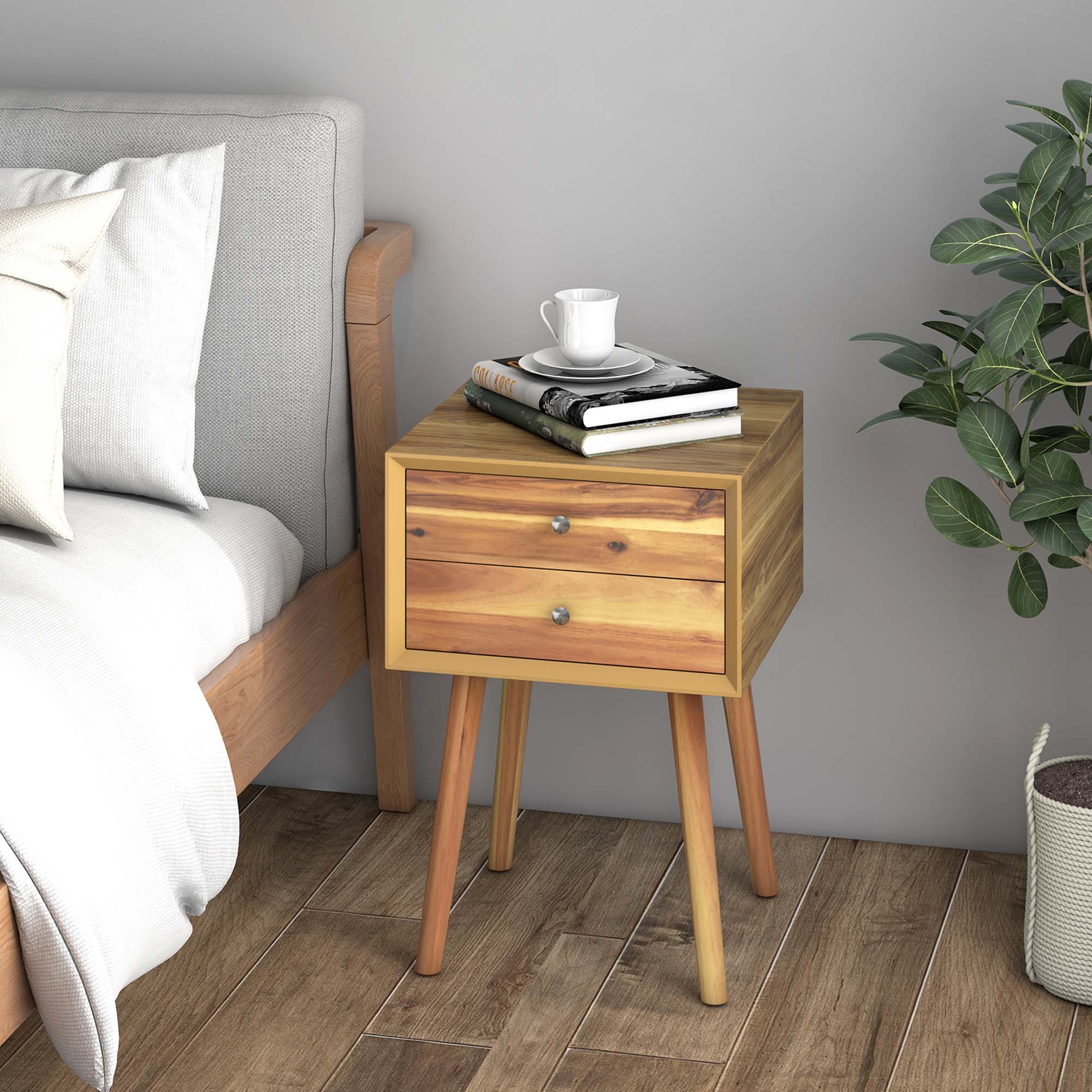 Alt View 11. Costway - Wooden Nightstand Mid-Century End Side Table Bedroom with 2 Storage Drawers Natural - Walnut.