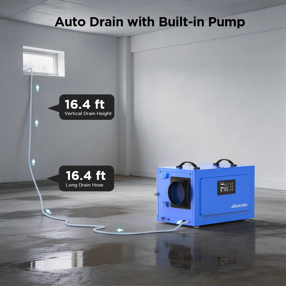 Auto Drain with Built-in Pump

16.4 ft Vertical Drain Height

16.4 ft Long Drain Hose

Alrecoler