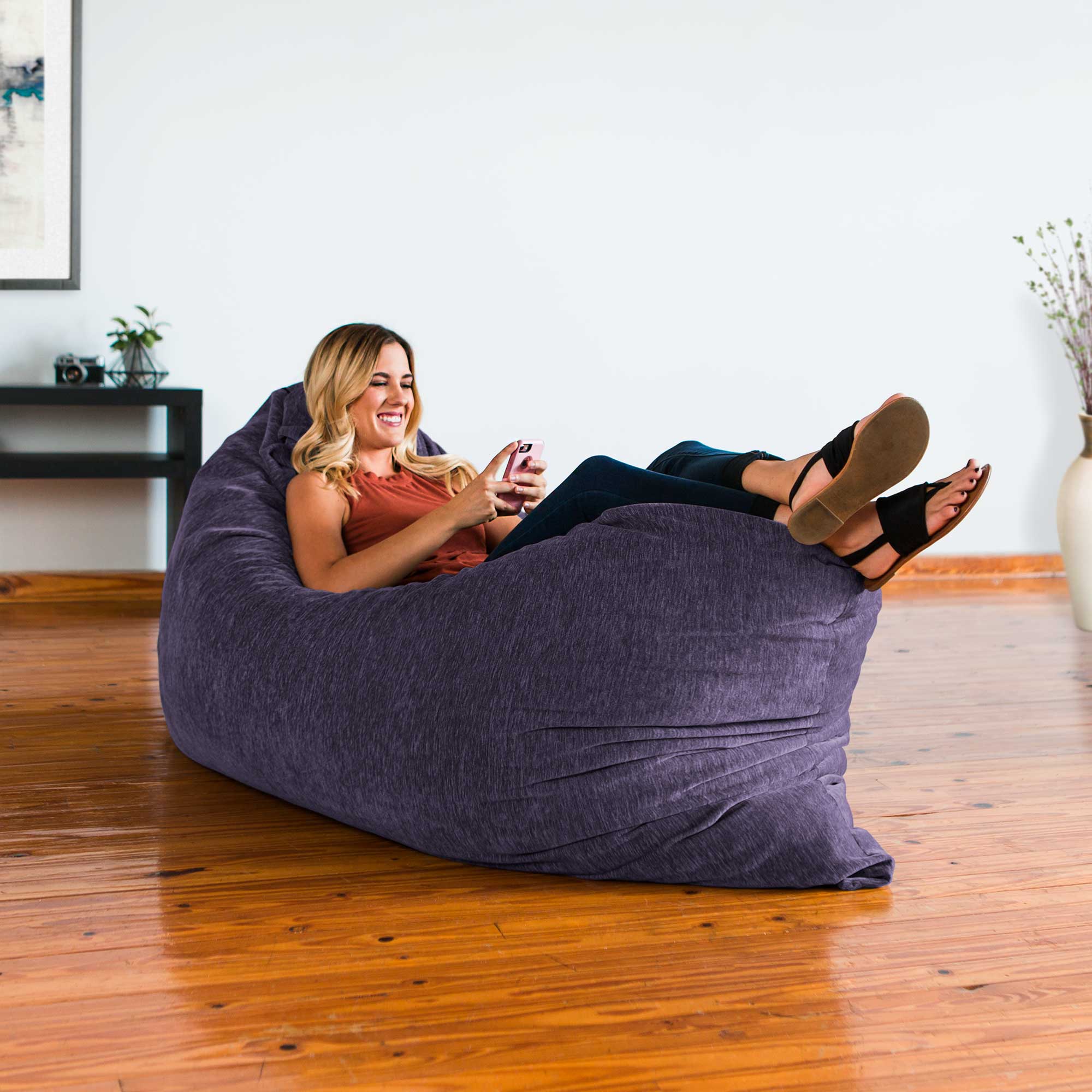Left. Jaxx - Jaxx 5.5 ft Pillow Saxx Foam Bean Bag Pillow, Premium Chenille Cover, Plum - Premium Chenille - Plum.