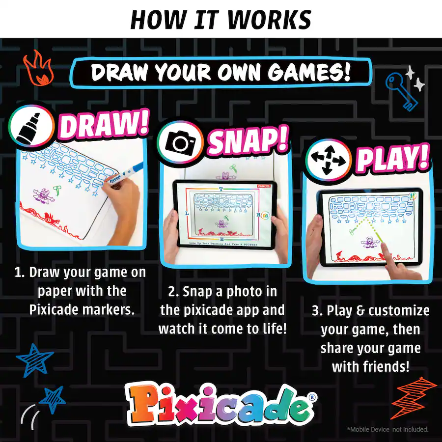 Pixicade Abacus Brands - Kit Per Creare Videogiochi Fai Da Te, Dai 6 Anni, Con 5 Pennarelli E 108 Pagine