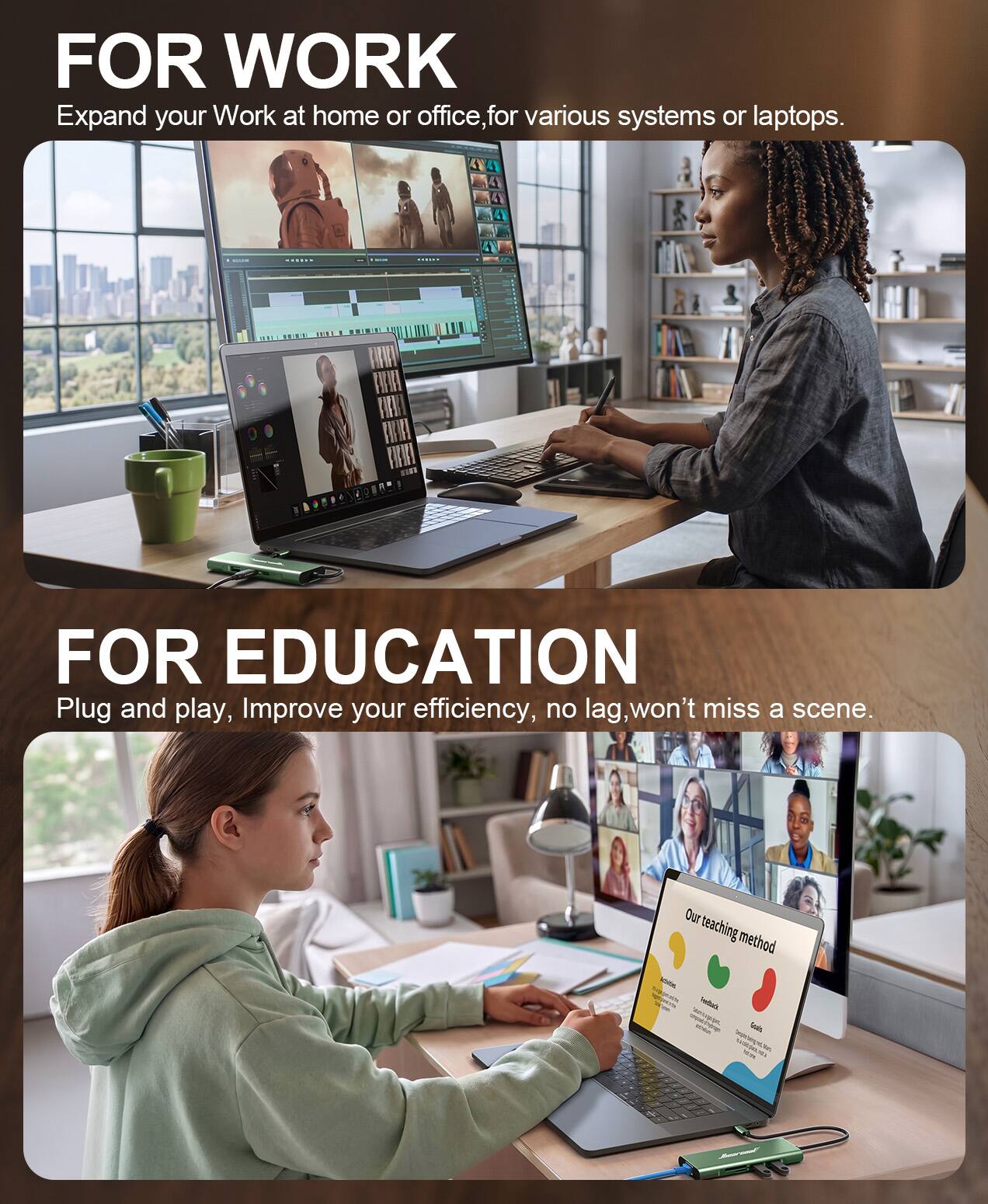 FOR WORK  
Expand your Work at home or office, for various systems or laptops.

FOR EDUCATION  
Plug and play, Improve your efficiency, no lag, won't miss a scene.  
Our teaching method