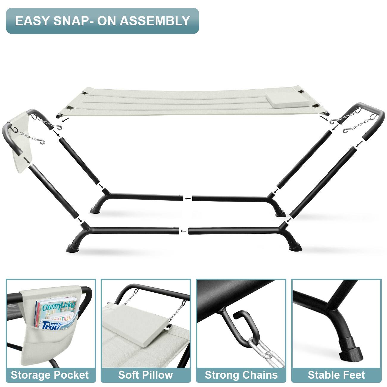 EASY SNAP-ON ASSEMBLY

- Storage Pocket
- Soft Pillow
- Strong Chains
- Stable Feet
