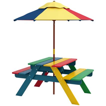 Front. Outsunny - Kids Picnic Table Set with Parasol, Wooden Outdoor Bench Set for 2 Children 3-6 Years for Patio, Backyard, Indoor Use - Multicolored.