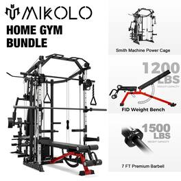 Mikolo - Smith Machine Power Cage, Multi-Function Home Gym System with Cable Crossover, 121LB Weight Stack - Black