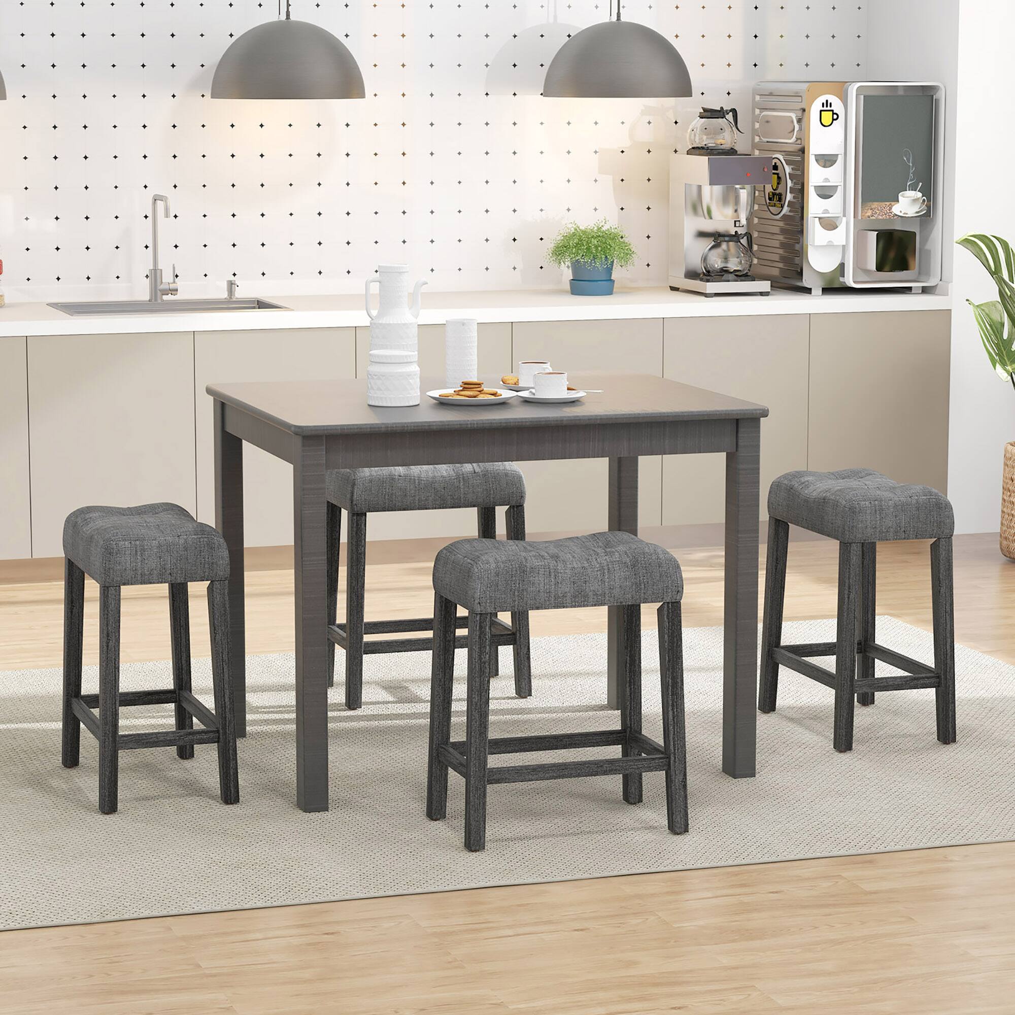 Alt View 1. Gymax - Gymax 24'' Saddle Bar Stools Set of 4 w/ Footrest Rubber Wood Frame for Kitchen Island - Gray.