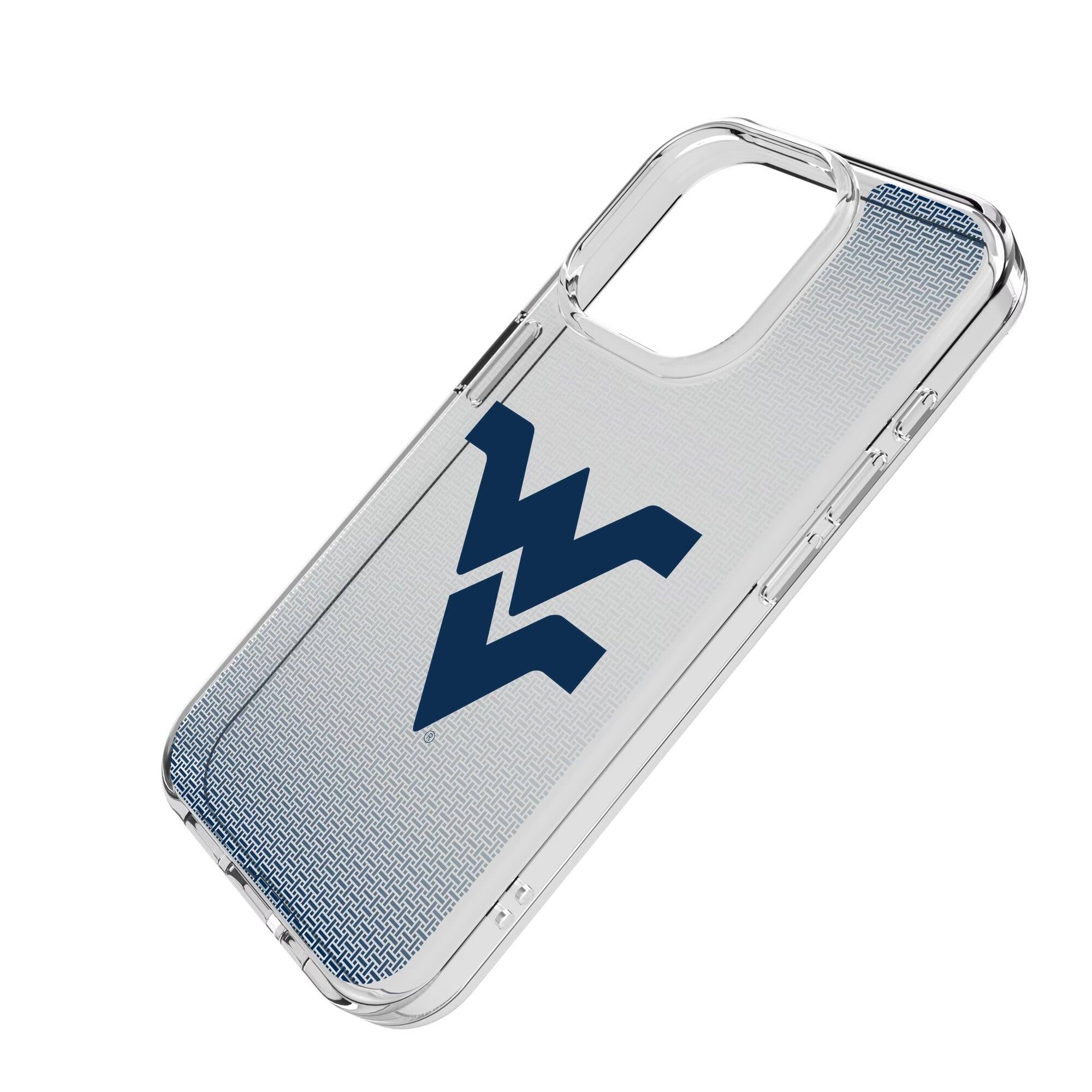 Alt View 1. Keyscaper - West Virginia Mountaineers Linen Logo iPhone Clear Case - 14 Pro Max - Multicolor.