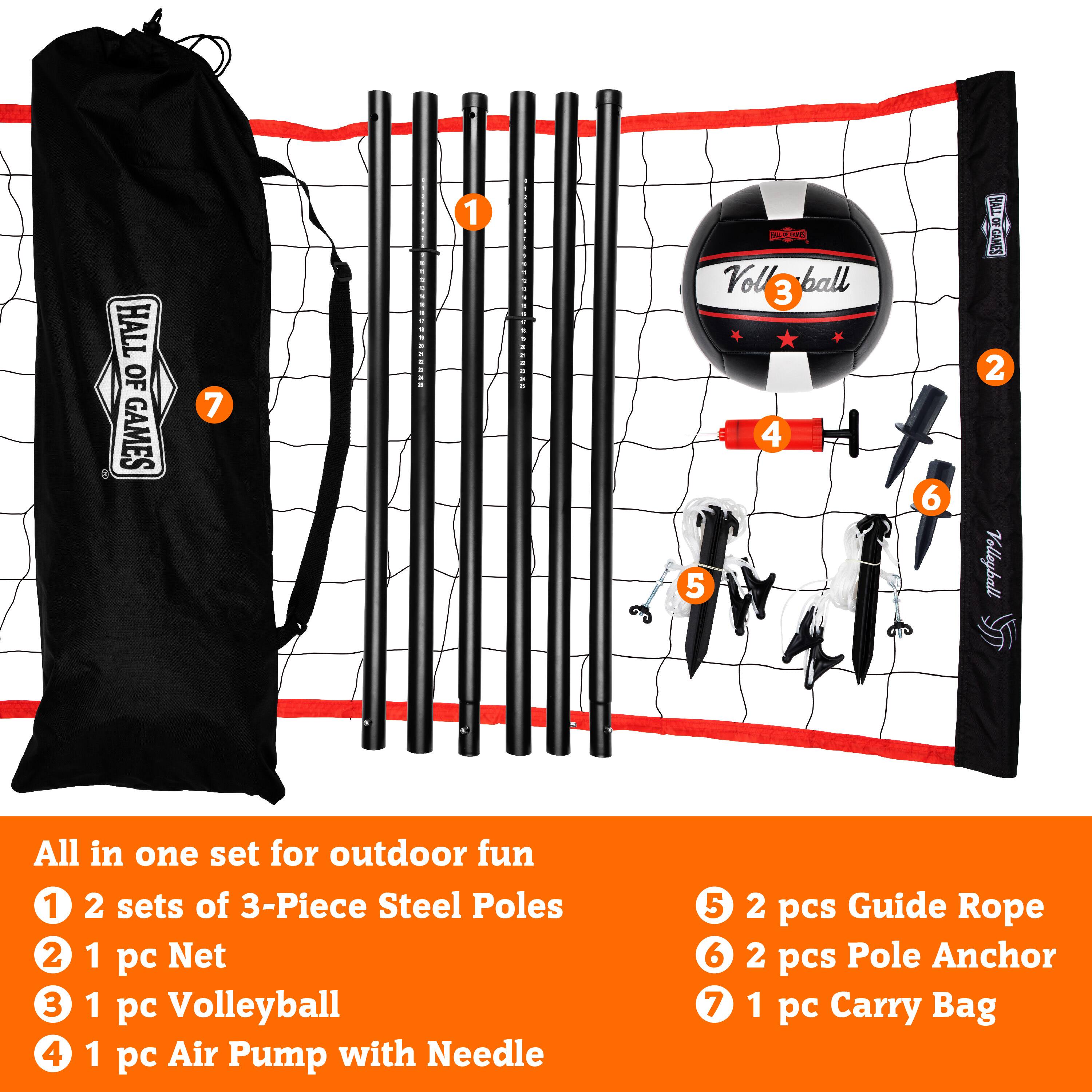 Hall of Games 7 1 Volleyball All in one set for outdoor fun 1 2 sets of 3-Piece Steel Poles 2 1 pc Net 3 1 pc Volleyball 4 1 pc Air Pump with Needle 5 6 7 2 pcs Guide Rope 2 pcs Pole Anchor 1 pc Carry Bag