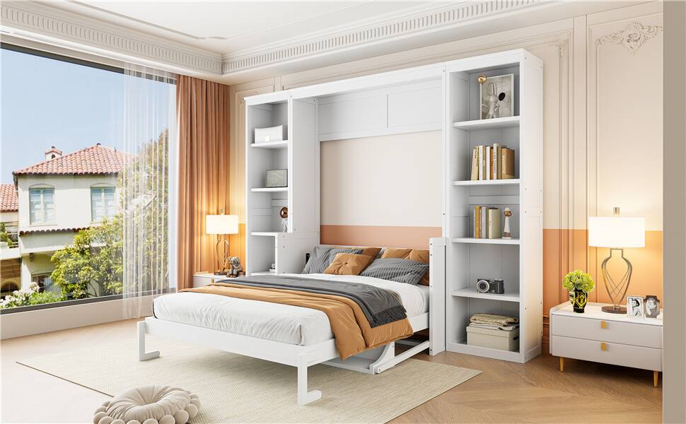 Alt View 6. Tiramisubest - White Solid Wood + MDF Full Size Murphy Bed with Desk and Bookshelf, 110x80x82 inches, 300 lbs - White.