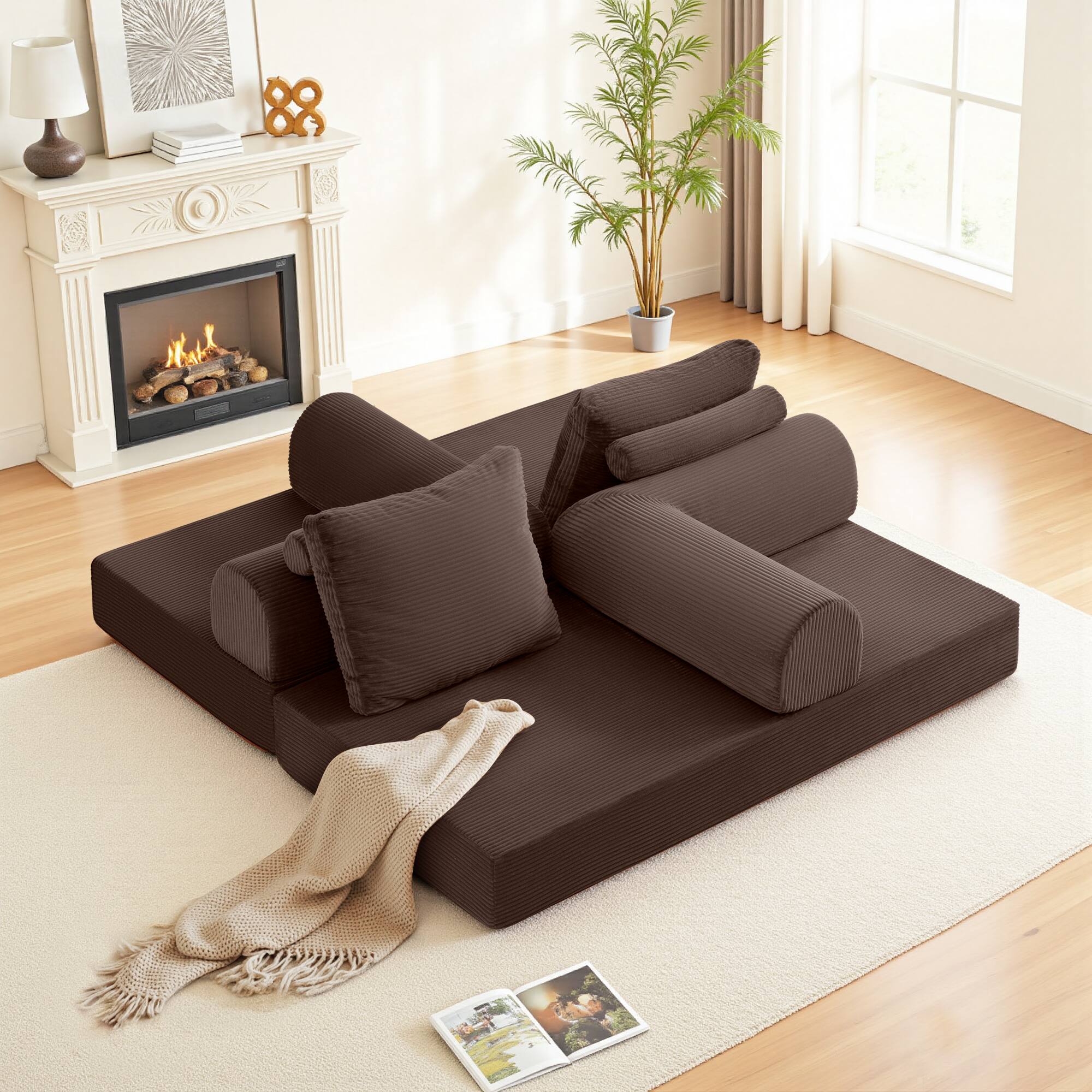 Alt View 6. KERDOM - 63'' W Convertible Floor Sofa Bed, Corduroy Modular Floor Couch with Pillow Back, Folding Couch Sleeper for Living Room - Coffee Brown.