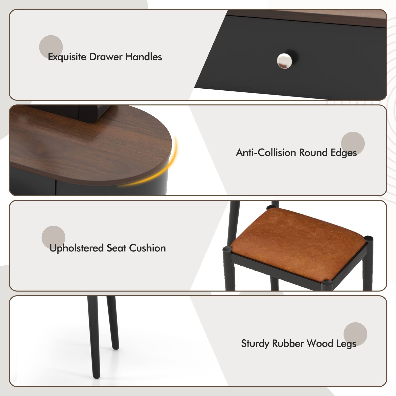 Exquisite Drawer Handles, Anti-Collision Round Edges, Upholstered Seat Cushion, Sturdy Rubber Wood Legs
