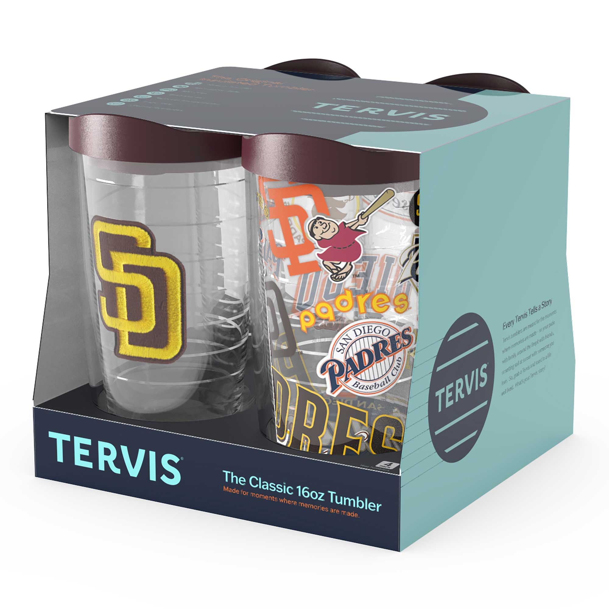 TERVIS  
The Classic 16oz Tumbler  
Made for moments where memories are made  

San Diego Padres Baseball Club  
padres  
URFC  

Avery Tanes Las Vegas  
[Text in Spanish]  

TERVIS