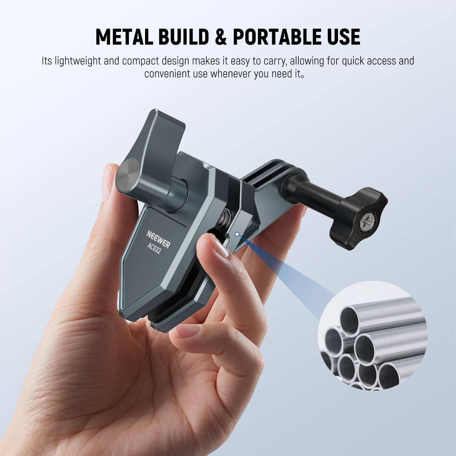 METAL BUILD & PORTABLE USE

Its lightweight and compact design makes it easy to carry, allowing for quick access and convenient use whenever you need it.

NEEWER AC032