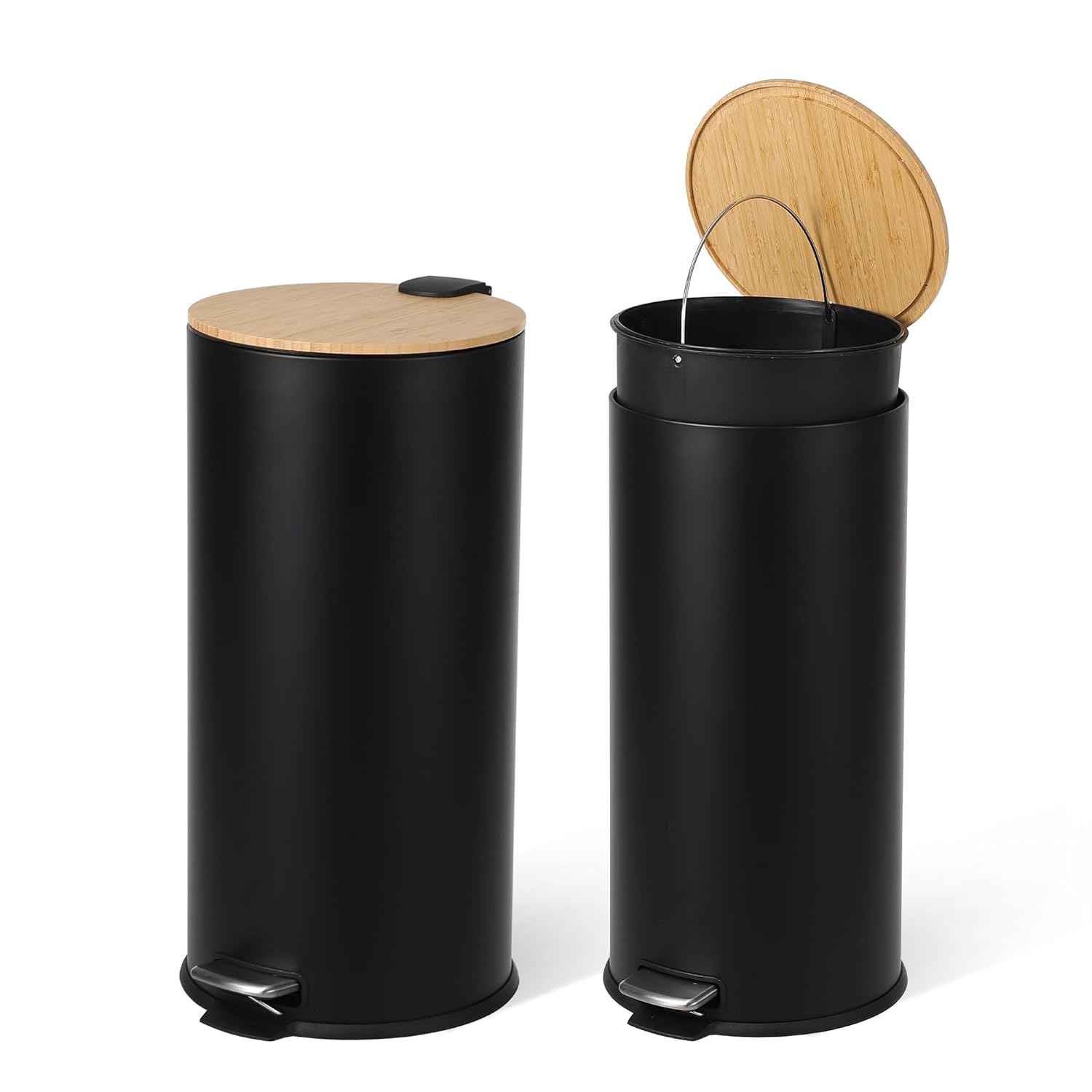 Front. Jojoka - 8 Gallon Black Stainless Steel Trash Can with Bamboo Soft-Close Lid, Step Pedal & Removable Inner Bucket - Black.