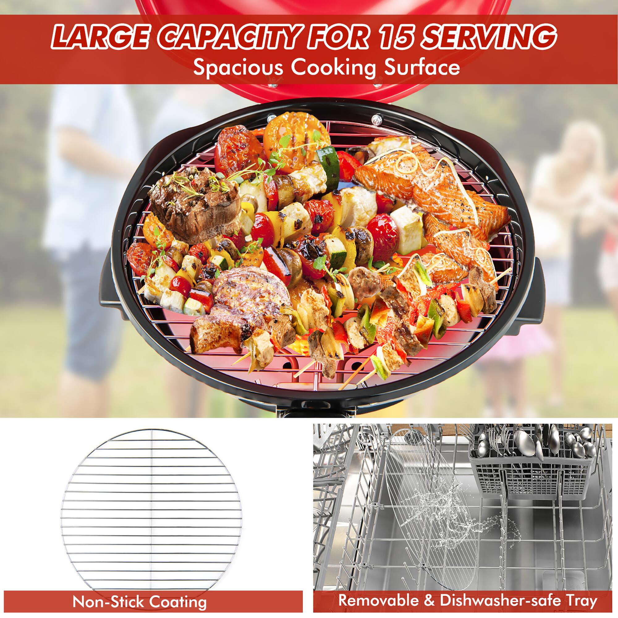 The text on the image is grouped and corrected as follows:

LARGE CAPACITY FOR 15 SERVINGS: Spacious Cooking Surface

Non-Stick Coating: Removable & Dishwasher-safe Tray