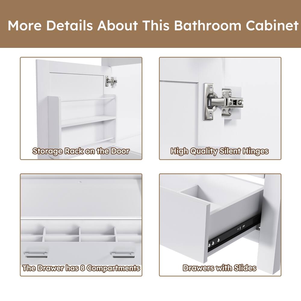 More Details About This Bathroom Cabinet

- Storage Rack on the Door
- High Quality Silent Hinges
- The Drawer has 8 Compartments
- Drawers with Slides