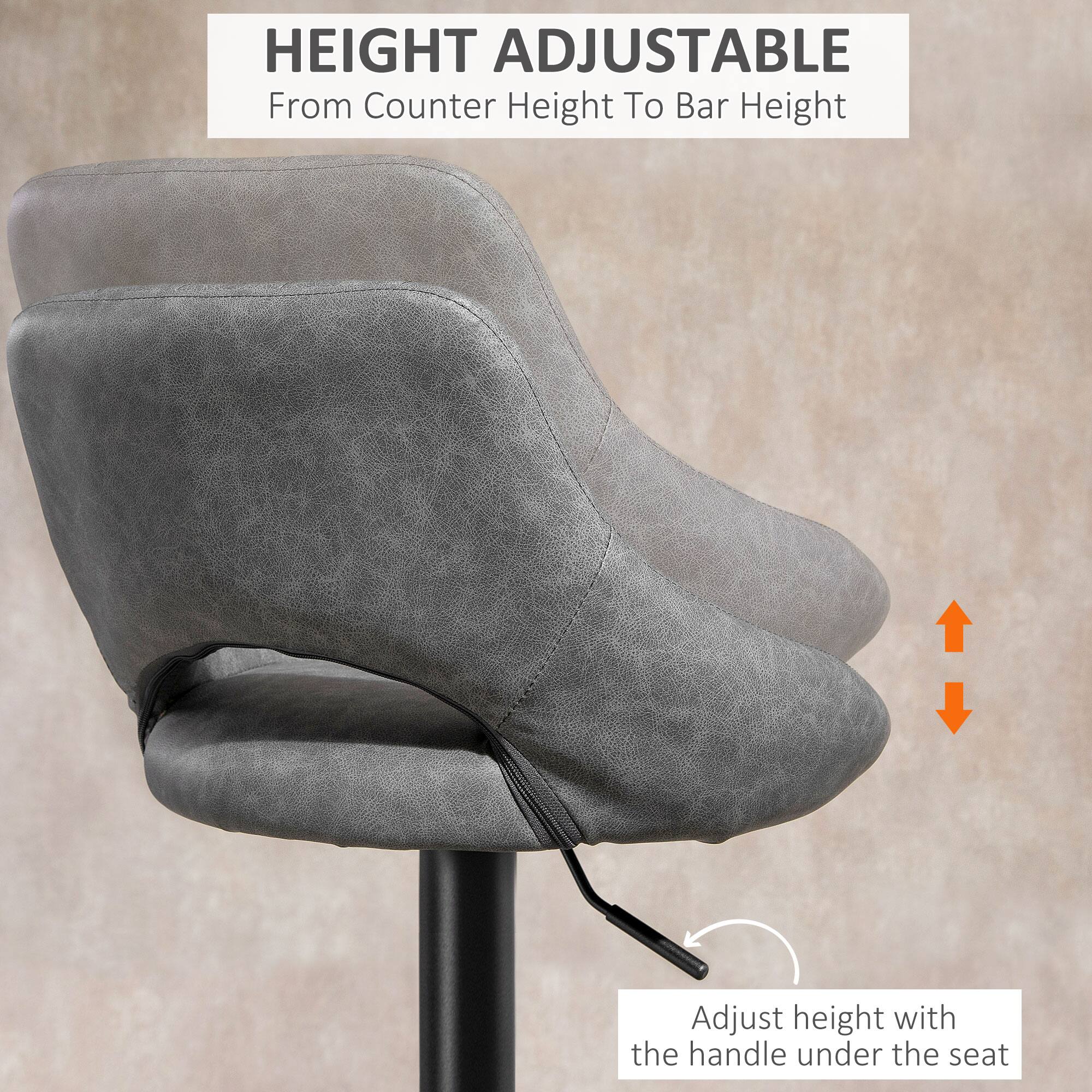 HEIGHT ADJUSTABLE  
From Counter Height To Bar Height  

Adjust height with the handle under the seat