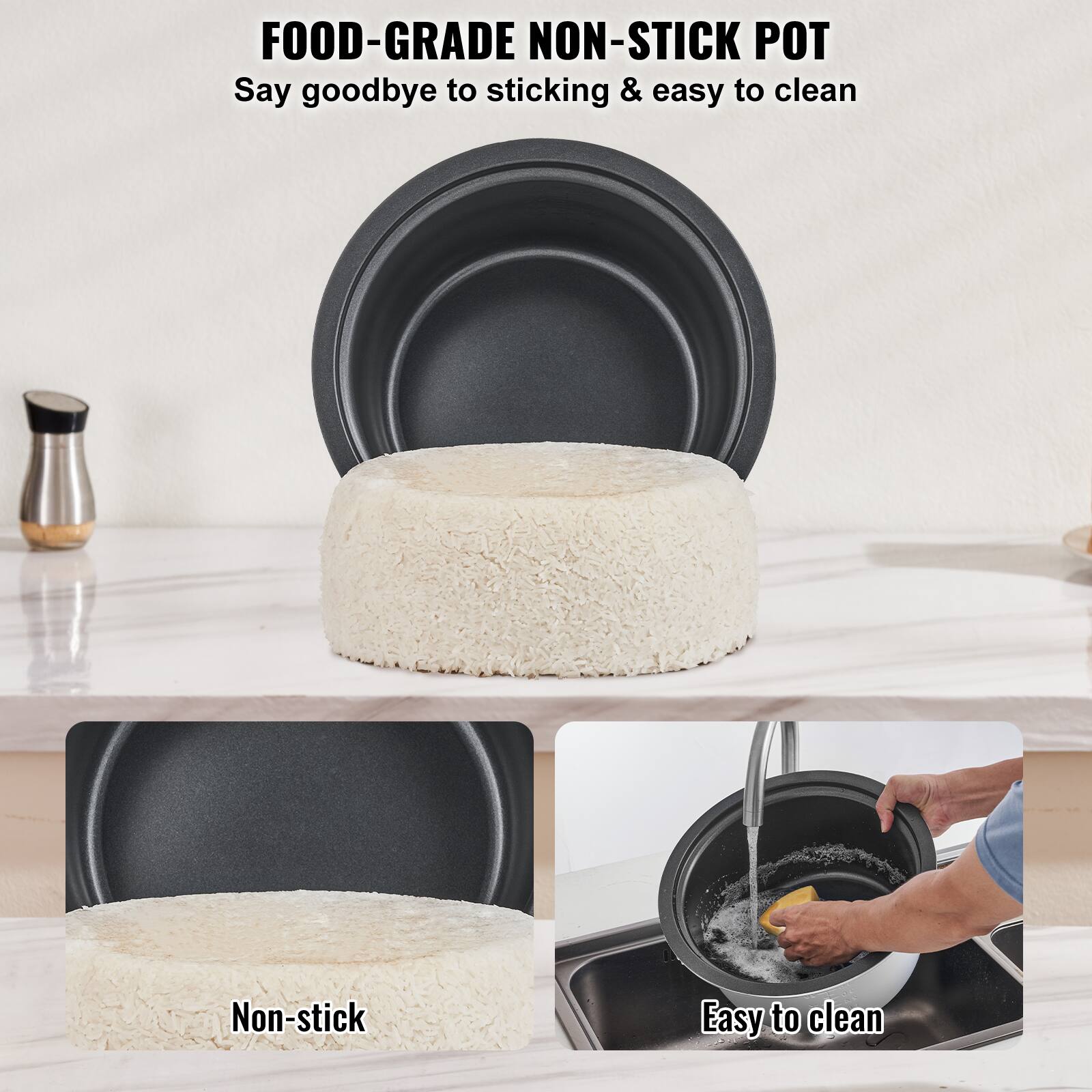 FOOD-GRADE NON-STICK POT  
Say goodbye to sticking & easy to clean

Non-stick  
Easy to clean