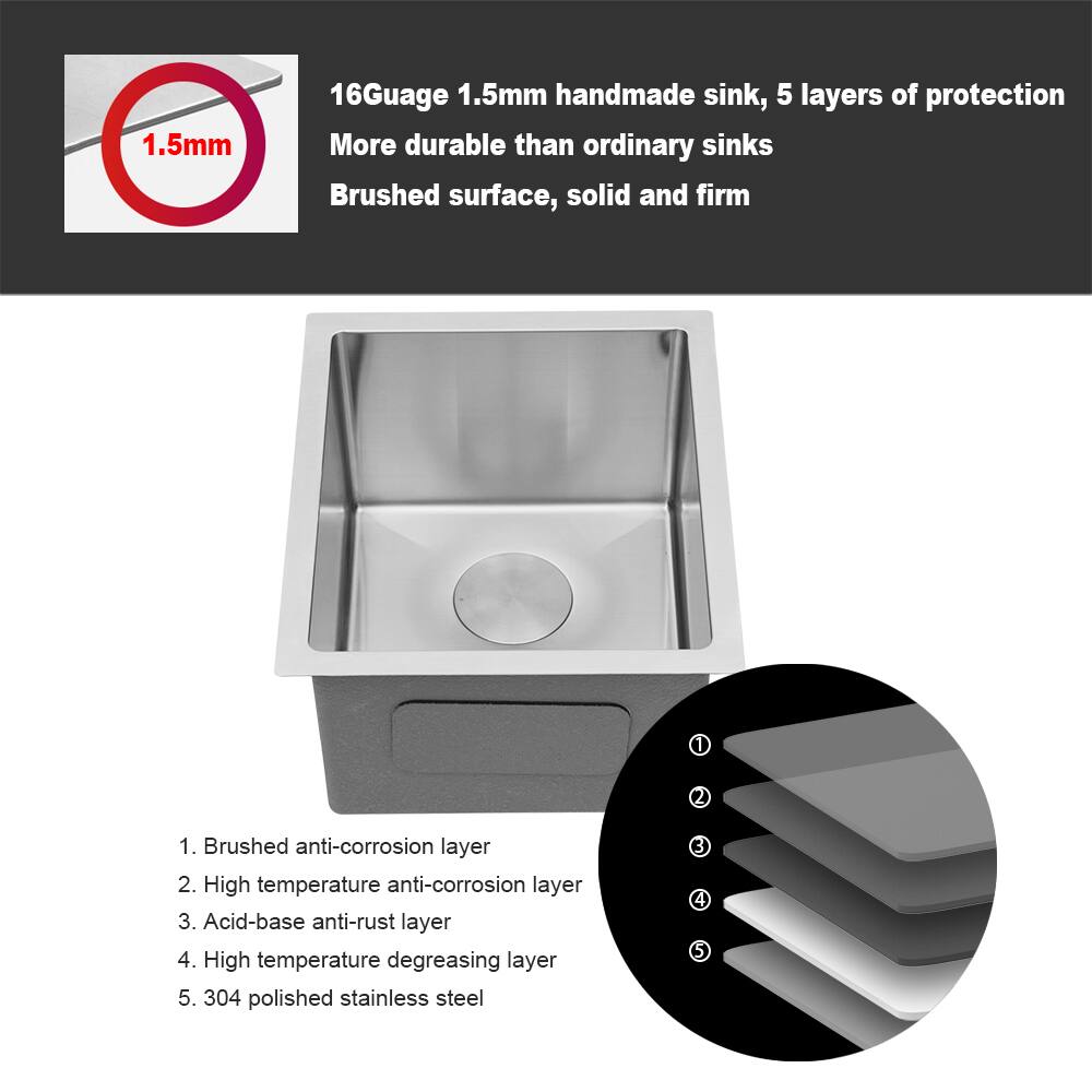 16Gauge 1.5mm handmade sink, 5 layers of protection  
More durable than ordinary sinks  
Brushed surface, solid and firm  

1. Brushed anti-corrosion layer  
2. High temperature anti-corrosion layer  
3. Acid-base anti-rust layer  
4. High temperature degreasing layer  
5. 304 polished stainless steel